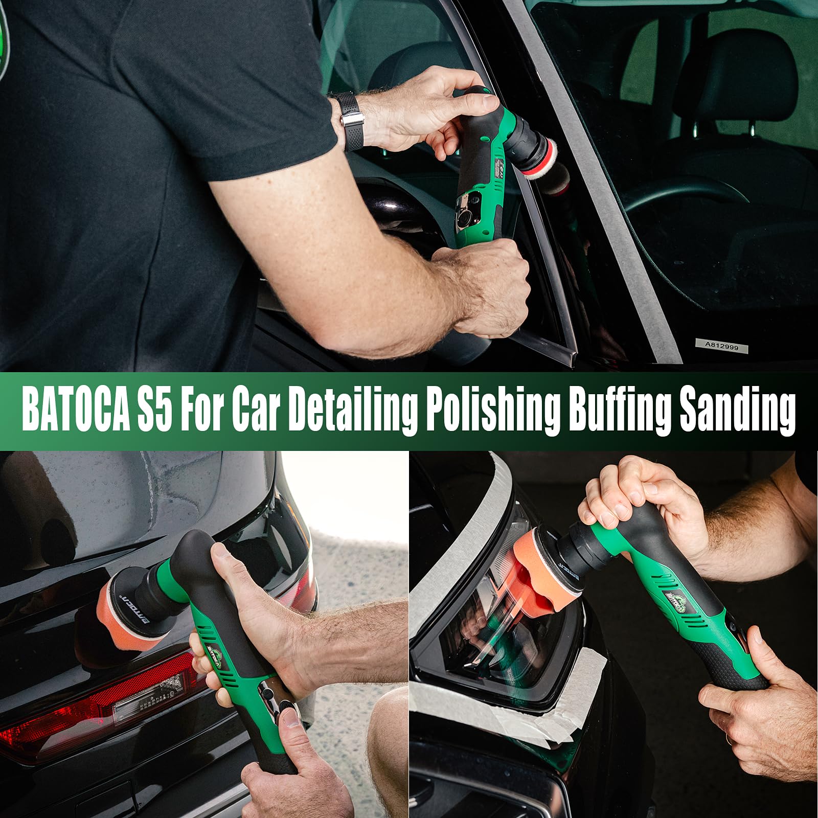 BATOCA S5 - Mini pulidora inalámbrica para coche, doble acción y mini máquina de pulir rotativa, 1 batería de 12 V 2 A con kit de almohadillas para orejas de pulido de 1 pulgada 3 pulgadas para coche