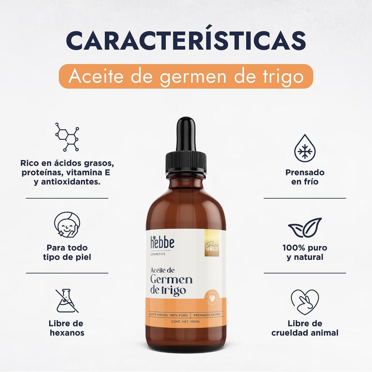 HEBBE Aceite de Germen de Trigo 100 ml | Antioxidante Cosmético | Nutre Piel y Cabello | Apoya Barrera Cutánea | Rico en Vitamina E y D