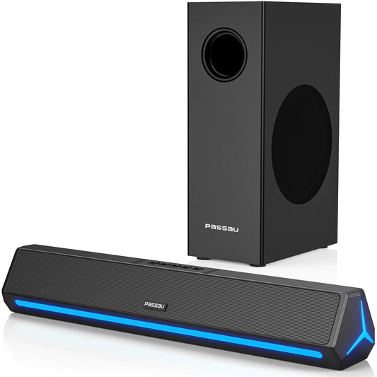 Barras de sonido para TV con subwoofer, 2.1 graves profundos 80 W altavoces de rango completo, visualización LED, bajos ajustables, HDMI/USB/AUX, Bluetooth 5.3 TV Soundbar sistema de audio de cine en