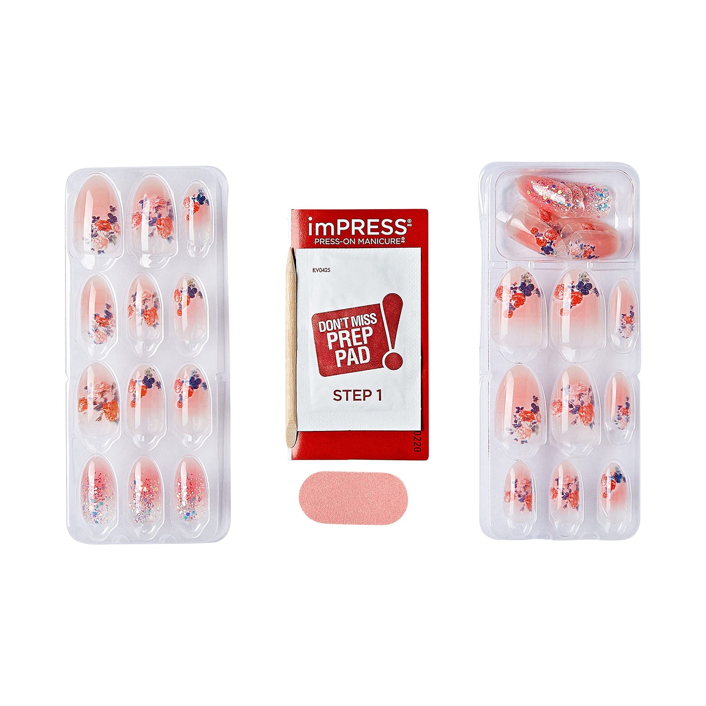 KISS LoveShackFancy x IMPRESS Press-On Manicure Limited Edition, Style /''Citrus Candy/'' Medium Almond Pink Press-On Nails, Includes Prep Pad, Mini Nail File, Cuticle Stick, & 30 Fake Nails