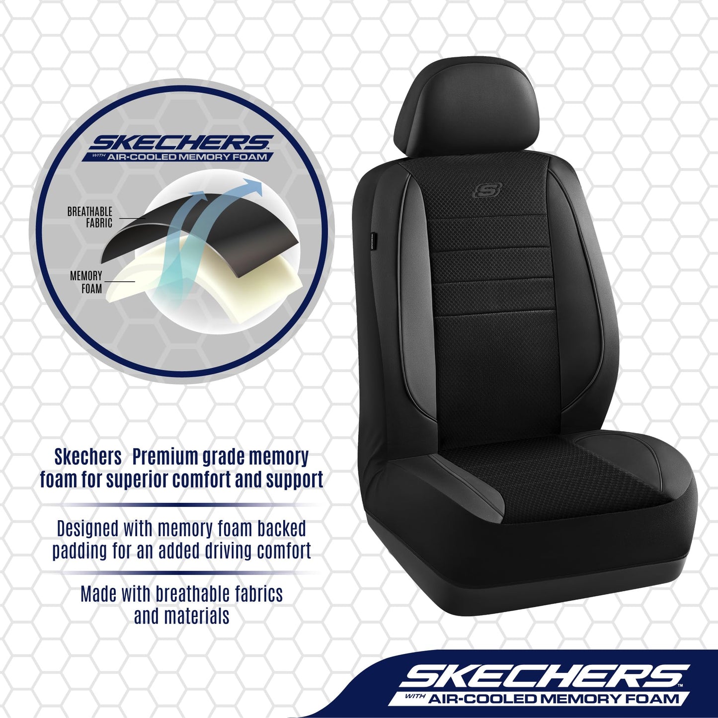 Skechers Memory Foam - Fundas protectoras de asiento de piel, malla Air Cool, gruesas, para dos asientos frontales, compatibles con bolsas de aire, cómodas, para la mayoría de vehículos, negro