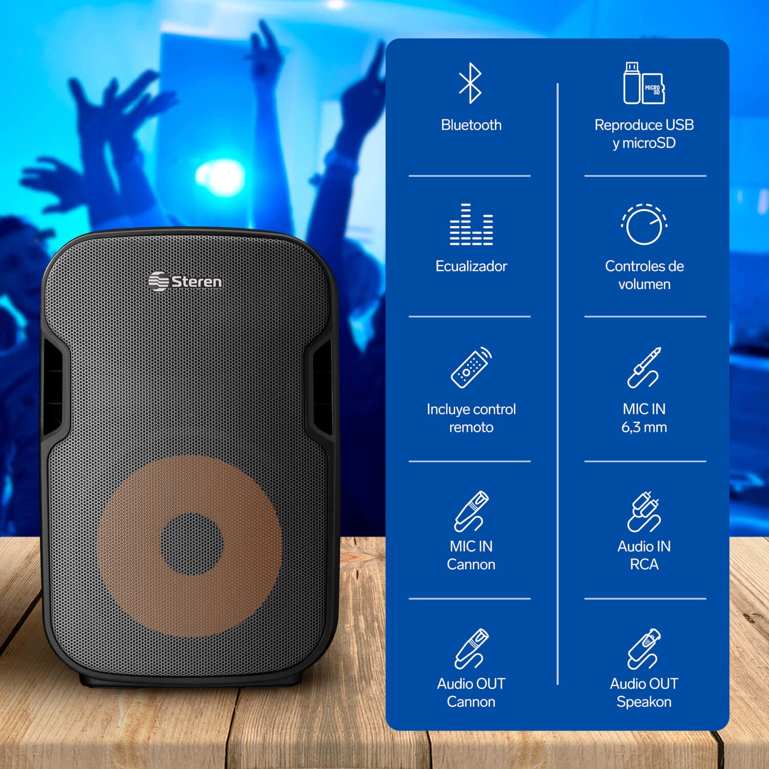 STEREN BAF-1255BT Bafle 12" 2300 WPMPO Bluetooth, woofer y Tweeter, MP3 por microSD o USB, AUX RCA, 6,3 mm para Mic, Crossover, Salida Speakon, Ruedas y agarraderas, Orificio para Colocar en Pedestal