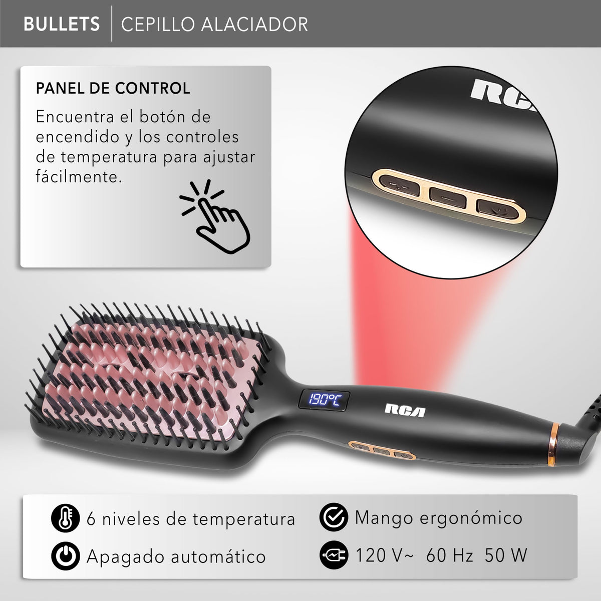 Cepillo Alaciador RCA Cerámica con Cerdas de Silicona y Nylon Profesional