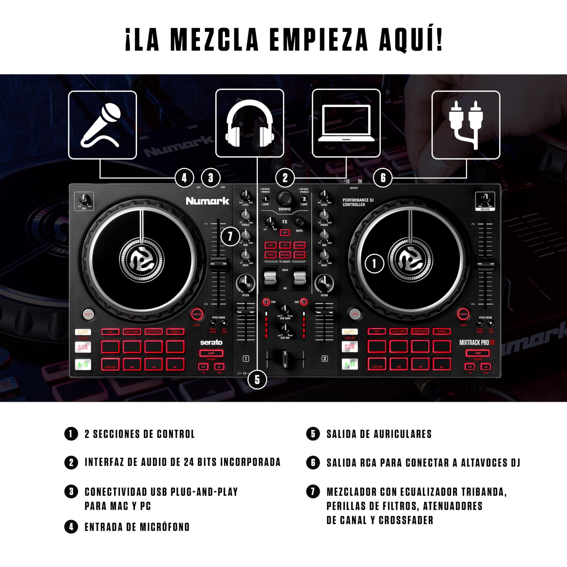 Controlador DJ Numark Mixtrack Pro FX Plata con Jog Wheels Táctiles para Serato DJ