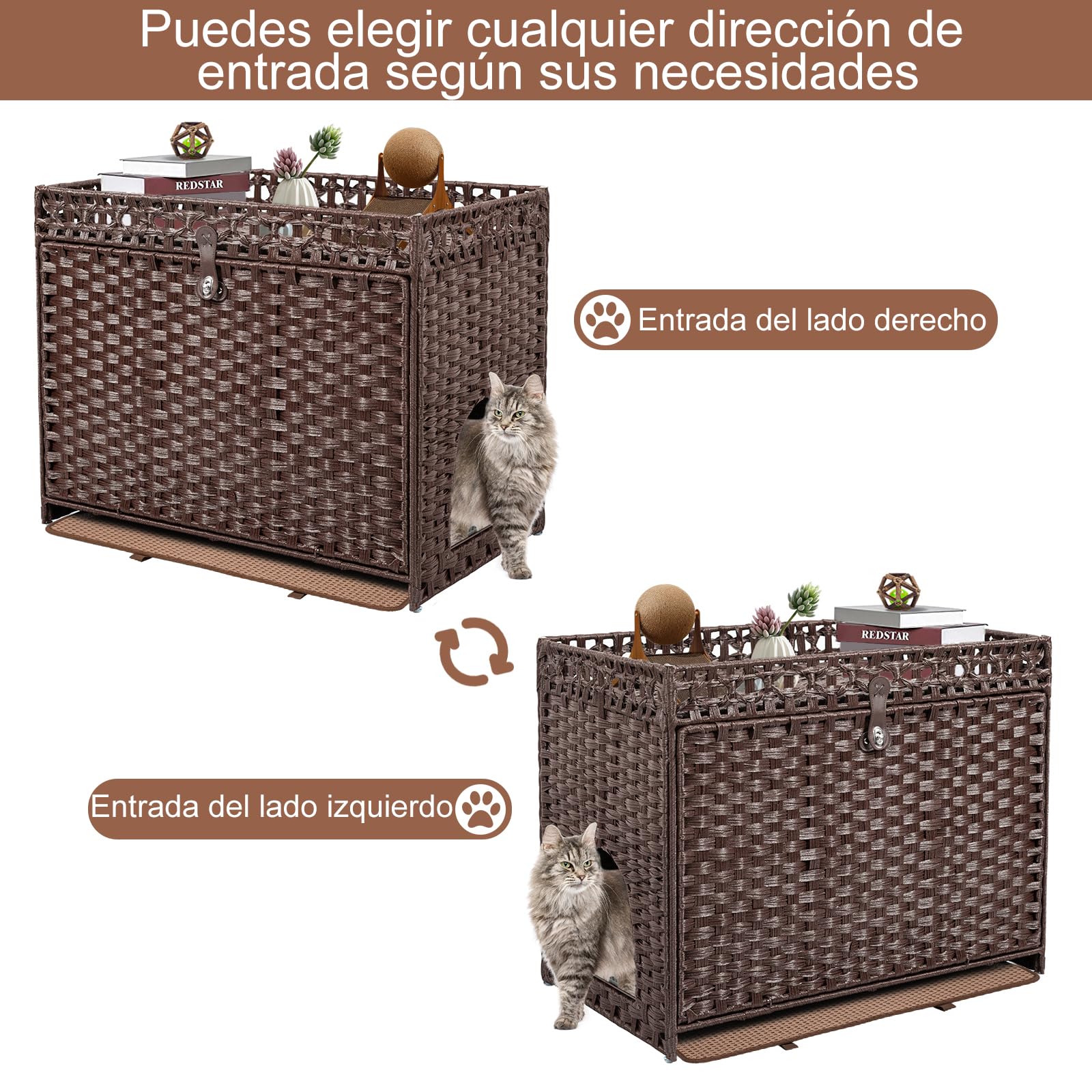 FABATO Arenero para Gato Grande Cerrado - Casa para Gatos Exterior - Puerta Lateral para tu Mascota - Mueble de Mimbre Ratán Tejido a Mano - Incluye Alfombrilla Suave (Marrón)
