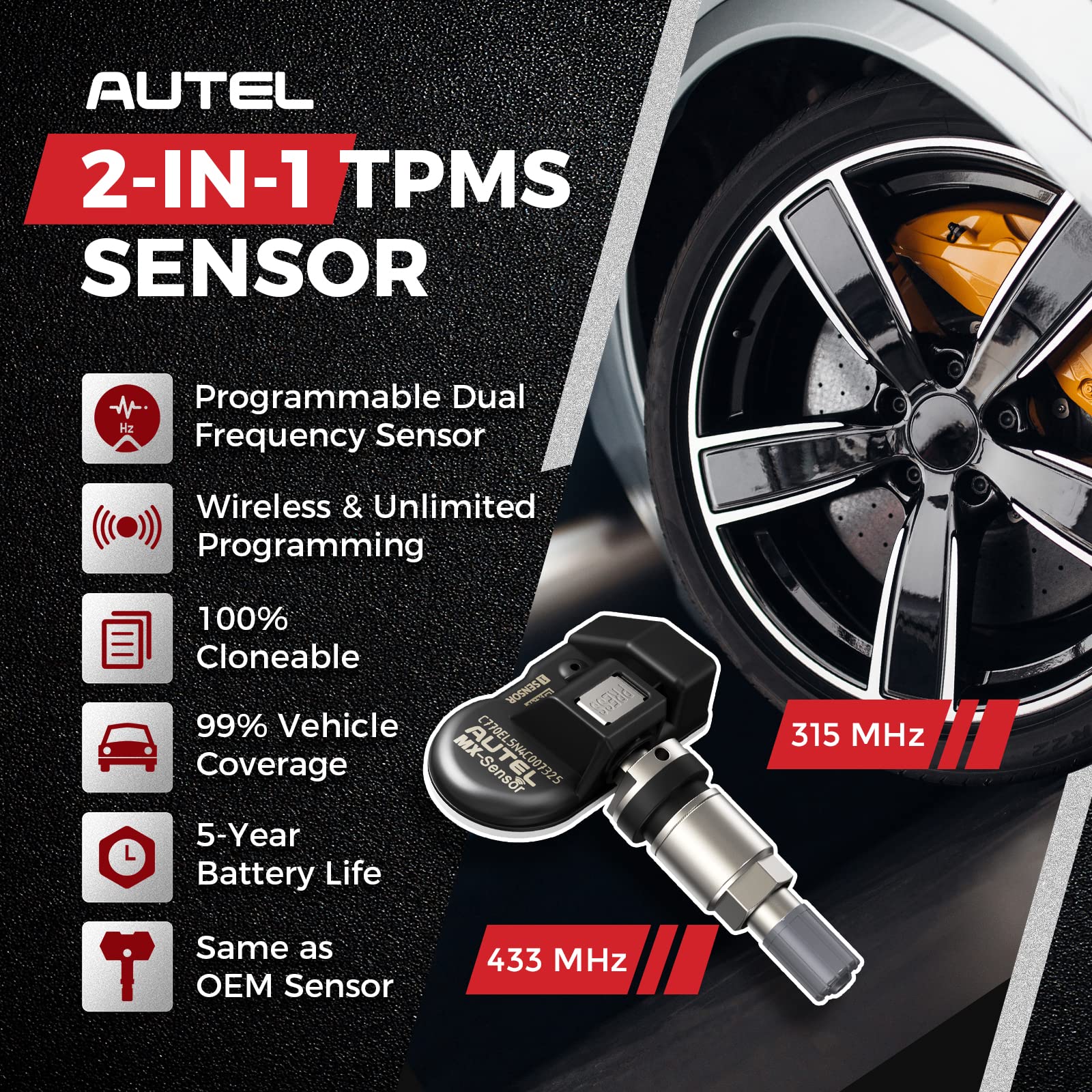 Autel - Sensores TPMS universales programables (315 MHz + 433 MHz) especialmente diseñados para el reemplazo de sensores OEM (válvula de metal atornillado)