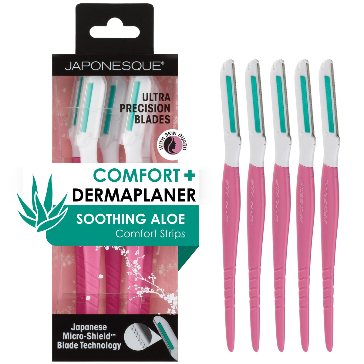 JAPONESQUE- PIEL SUAVE Y BRILLANTE AL INSTANTE: El Dermaplaner Japonesque Comfort+ combina cuchillas japonesas de ultraprecisión y una tira calmante de aloe que deja tu piel visiblemente más brillante