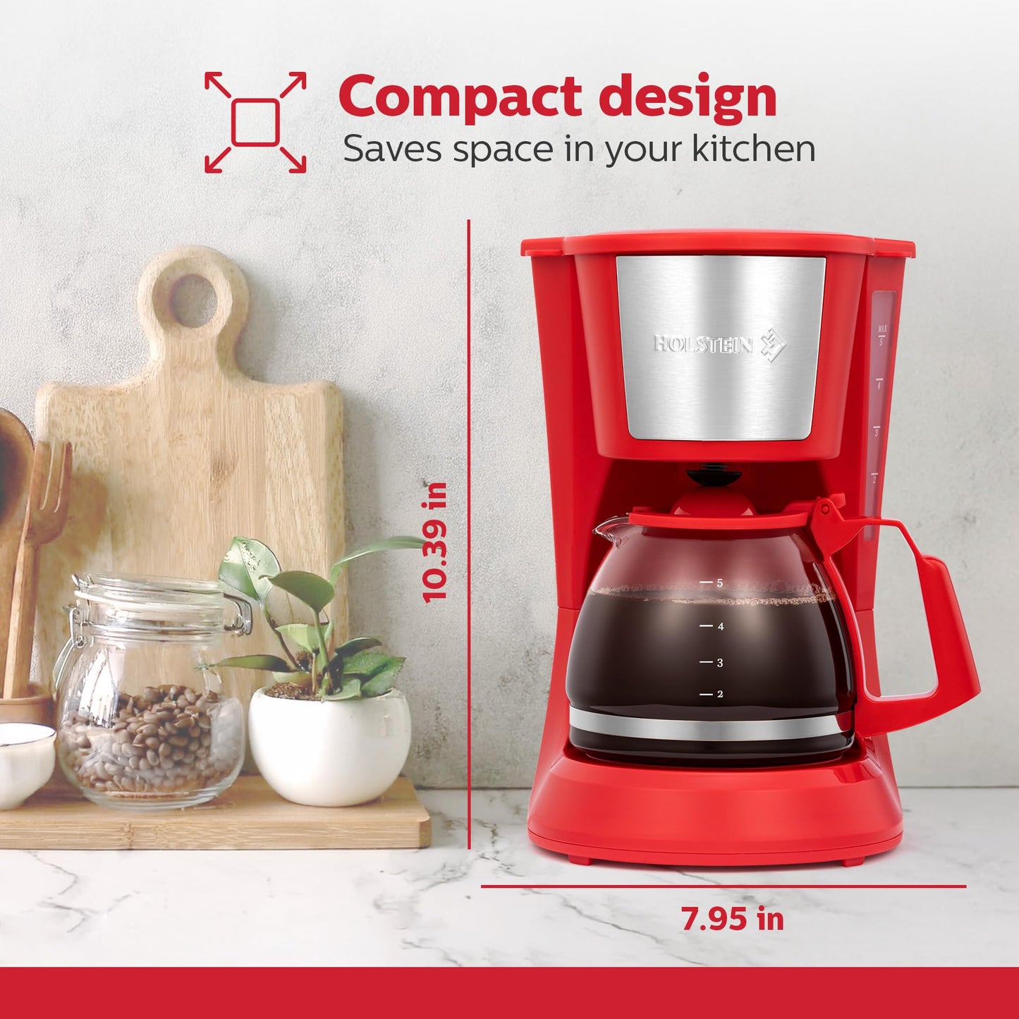 Cafetera de Goteo Holstein Housewares Roja con Filtro Permanente y Jarra de Vidrio para 5 Tazas