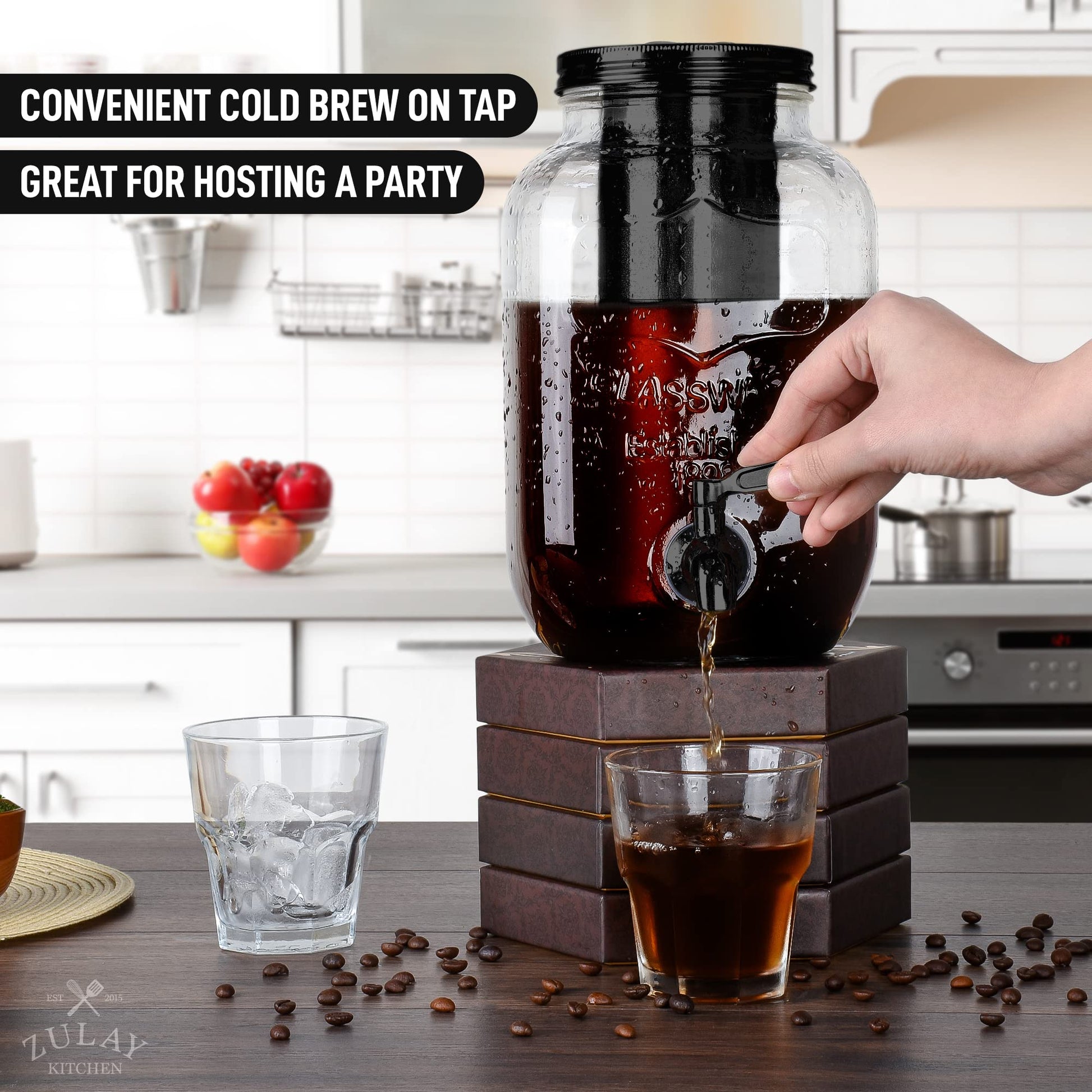 Cafetera de 1 galón con jarra de vidrio extragruesa y filtro de malla de acero inoxidable – Cafetera helada premium, jarra de cerveza fría e infusor de té – por Zulay Kitchen (negro)