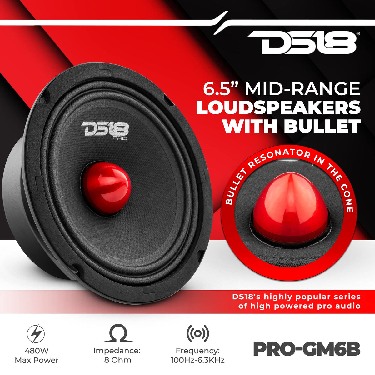 Altavoz Medio DS18 Rojo con Bullet de Aluminio para Sistema de Sonido de Coche o Camión