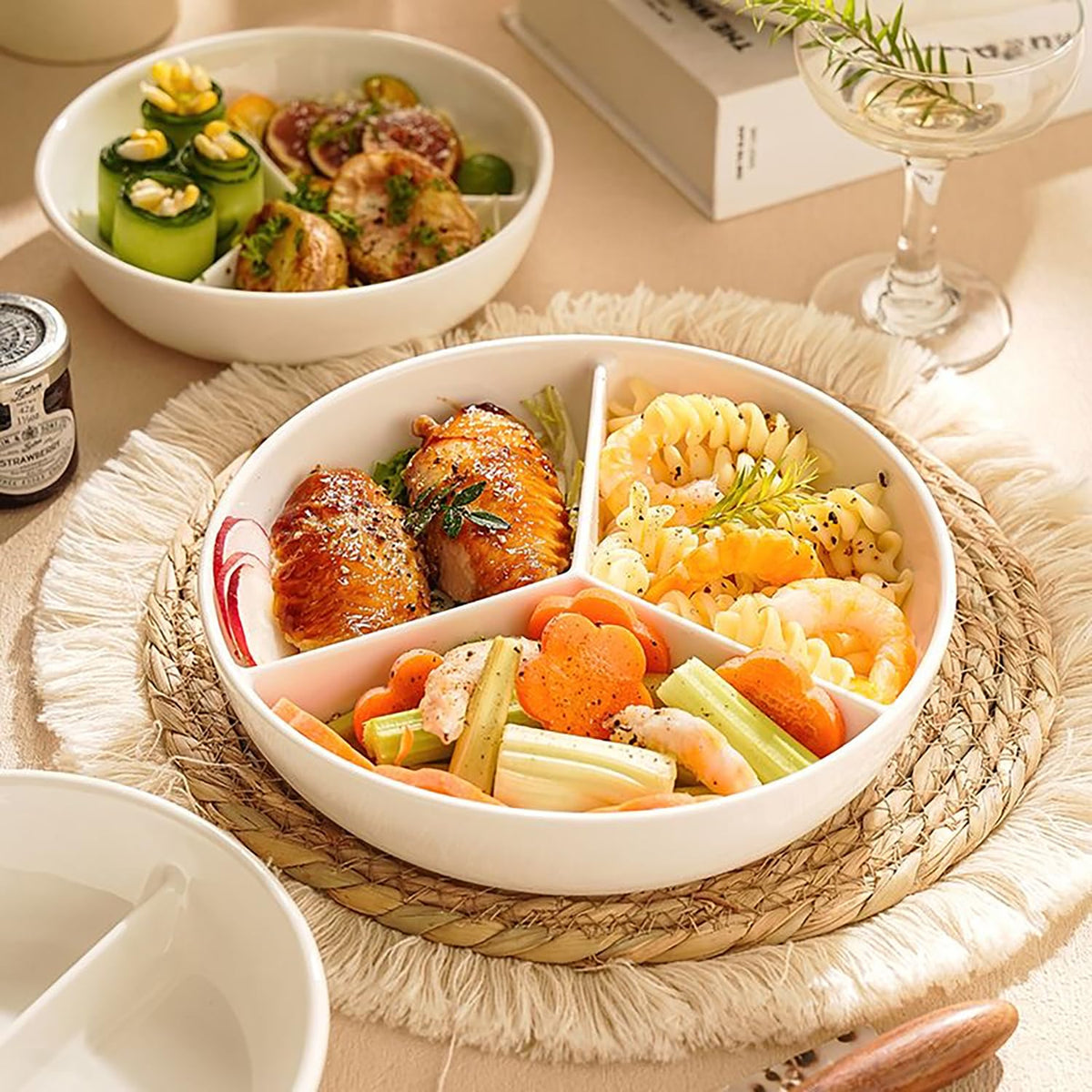FYUEROPA Plato de cerámica para control de porciones, plato dividido de 20 cm con 3 compartimentos para adultos, niños o para llevar comida rápida. Apto para horno y microondas.