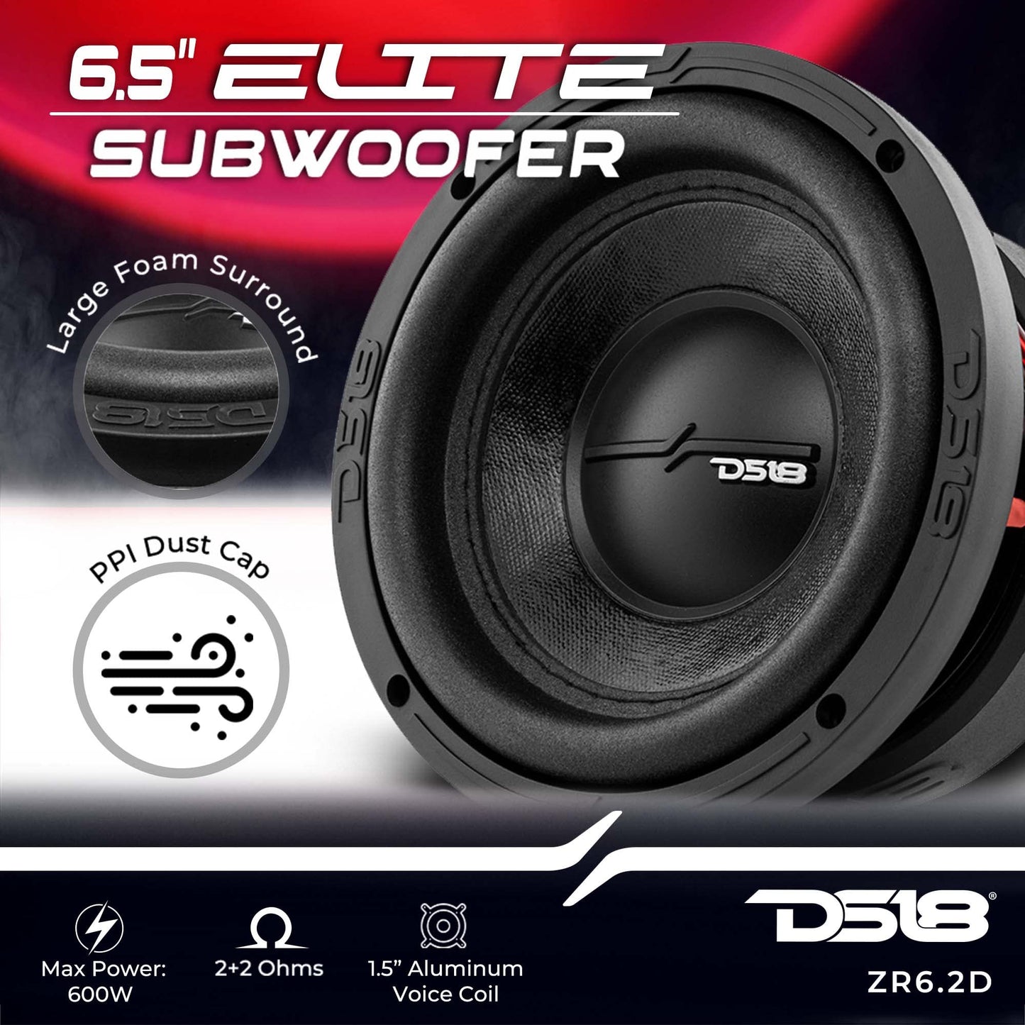 DS18 Elite-Z ZR6.2D - Subwoofer de Coche de 6.5 Pulgadas de 600 vatios de Potencia máxima Doble Bobina de Voz de 2 ohmios de fácil Montaje, Graves de Alto Rendimiento para el Sistema de Sonido de tu