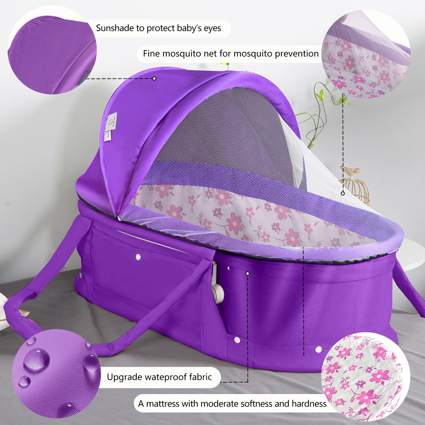 surebaby - Moisés de viaje para bebé, 2 en 1, cuna de viaje portátil plegable con cubierta para sombrilla, (morado)