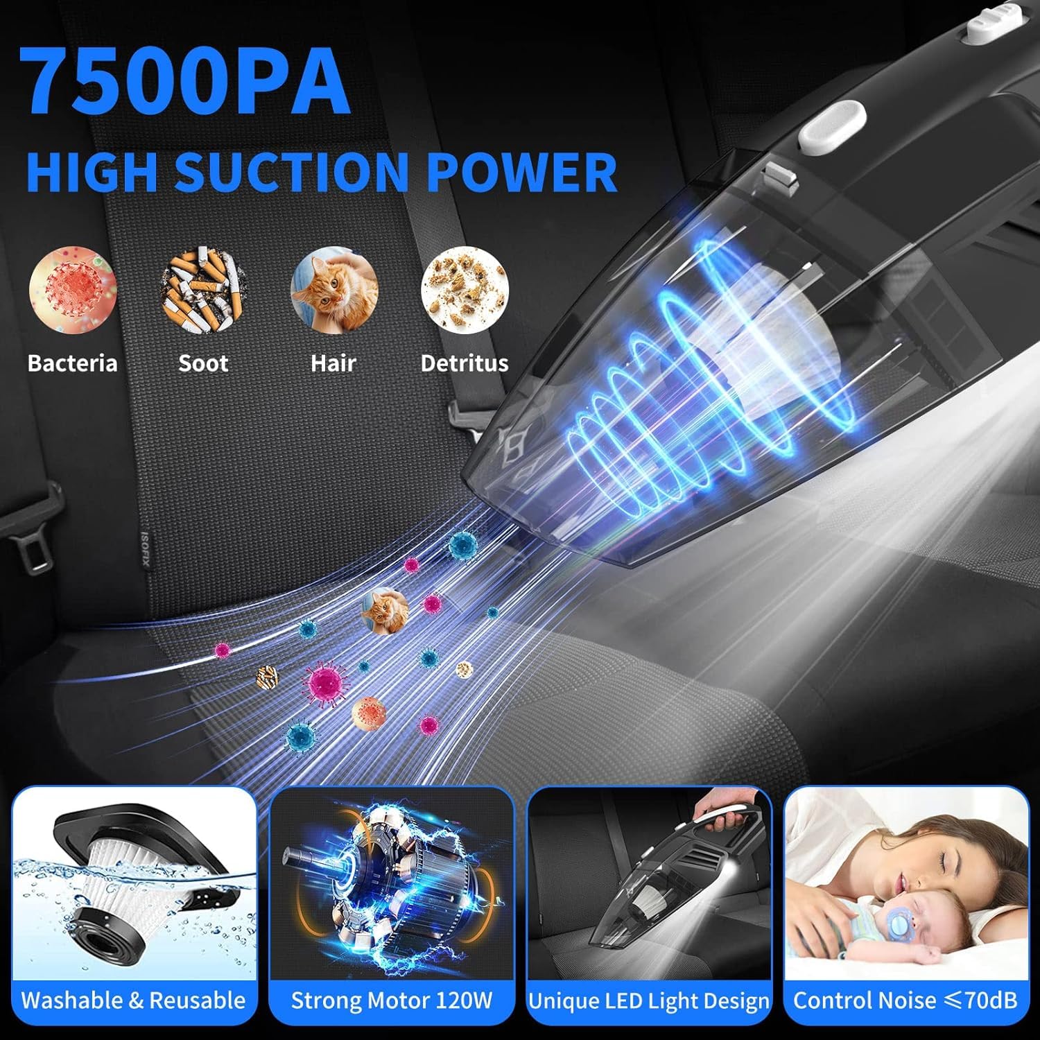 CYANBAMBOO 17 piezas kit de detalles de coche, kit de limpieza de coche con aspiradora de mano de alta potencia, juego de cepillos de detalles, herramienta de limpieza de parabrisas, toallas de