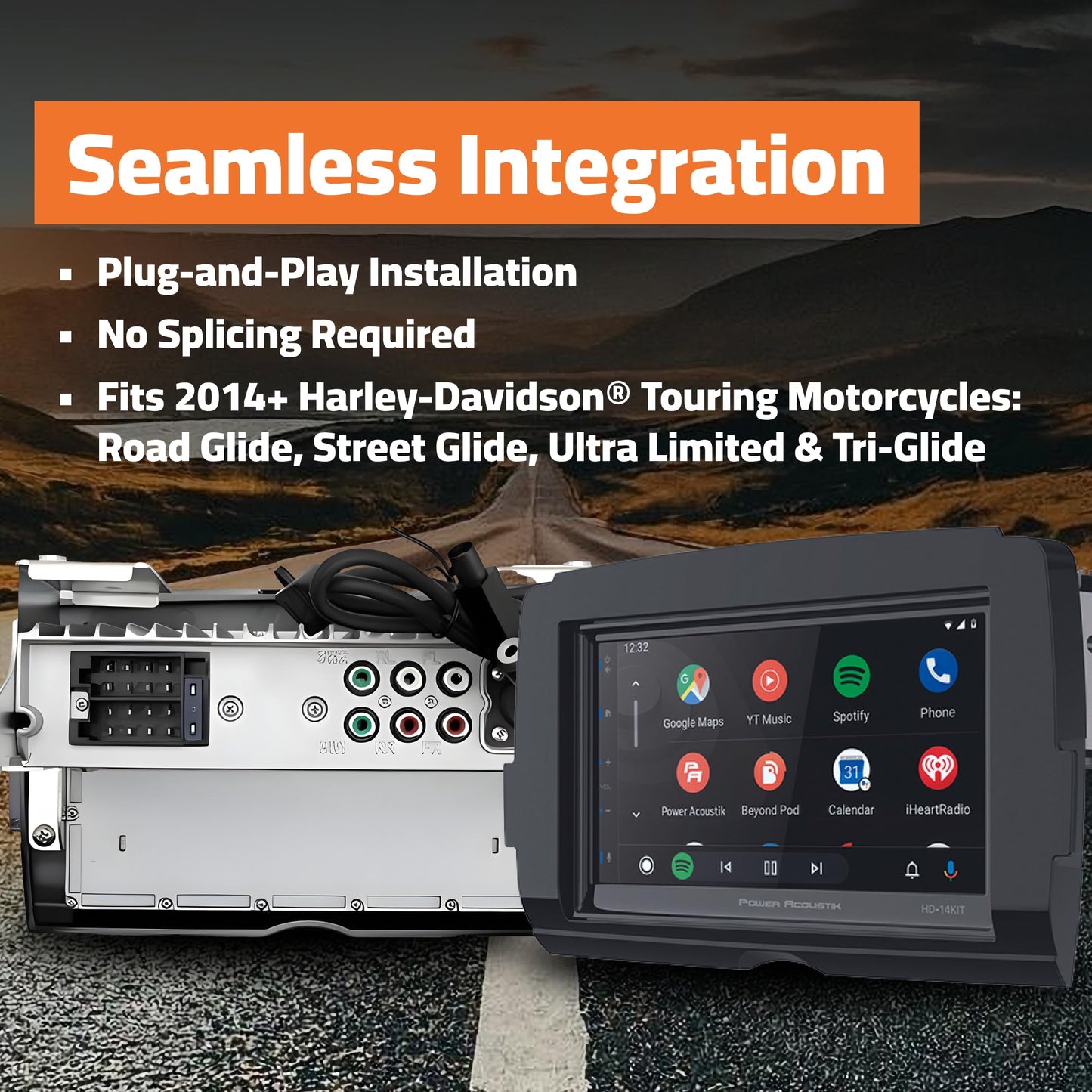 Power Acoustik HD-14KIT - Cabezal de Motocicleta de Repuesto de 7 Pulgadas para Motocicletas Harley-Davidson Touring 2014+, visualización táctil Impermeable, Apple Carplay y Android Auto con