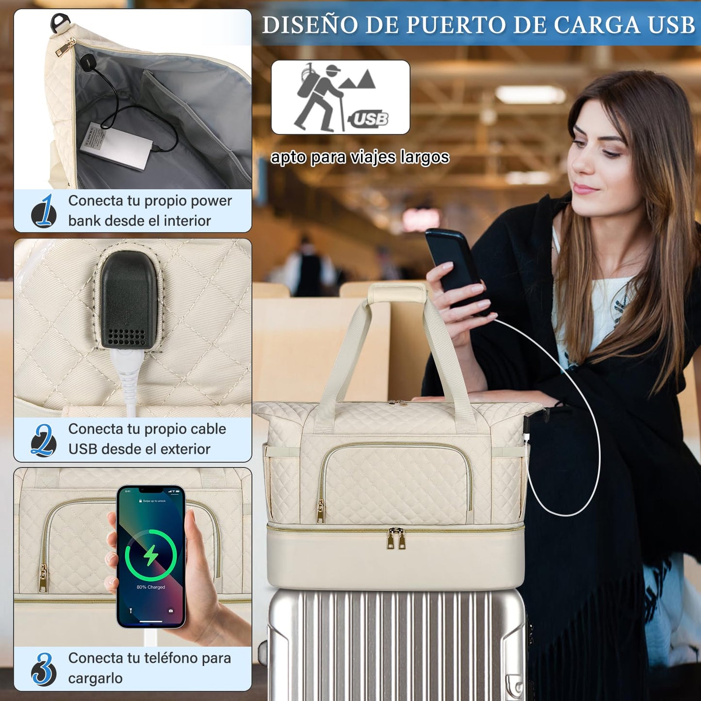 Bolsa de Viaje SDYSM Beige con Puerto USB y Compartimento para Zapatos para Hombre y Mujer
