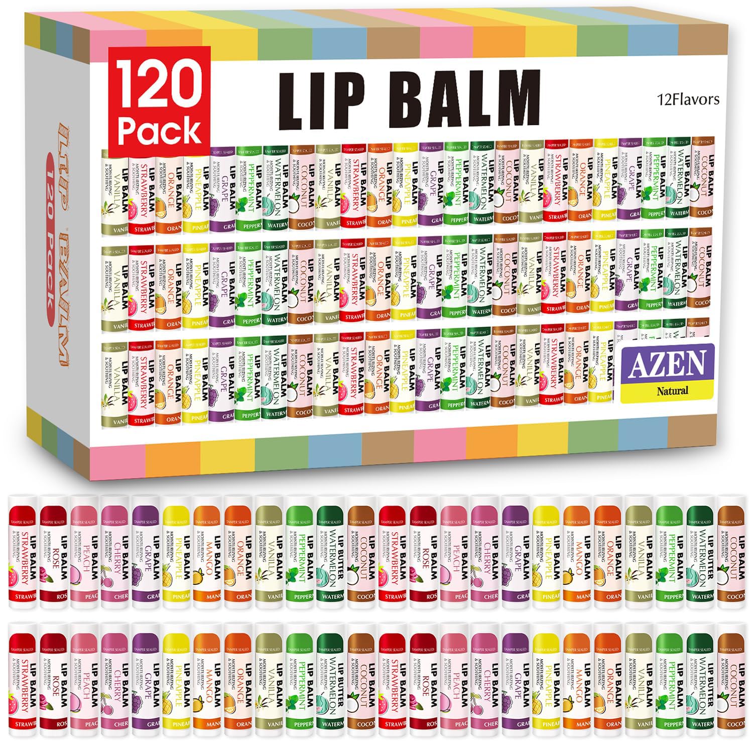 AZEN- Paquete de 120 bálsamos labiales, bálsamo labial natural a granel, producto para el cuidado de los labios, bálsamo labial hidratante para labios secos y agrietados