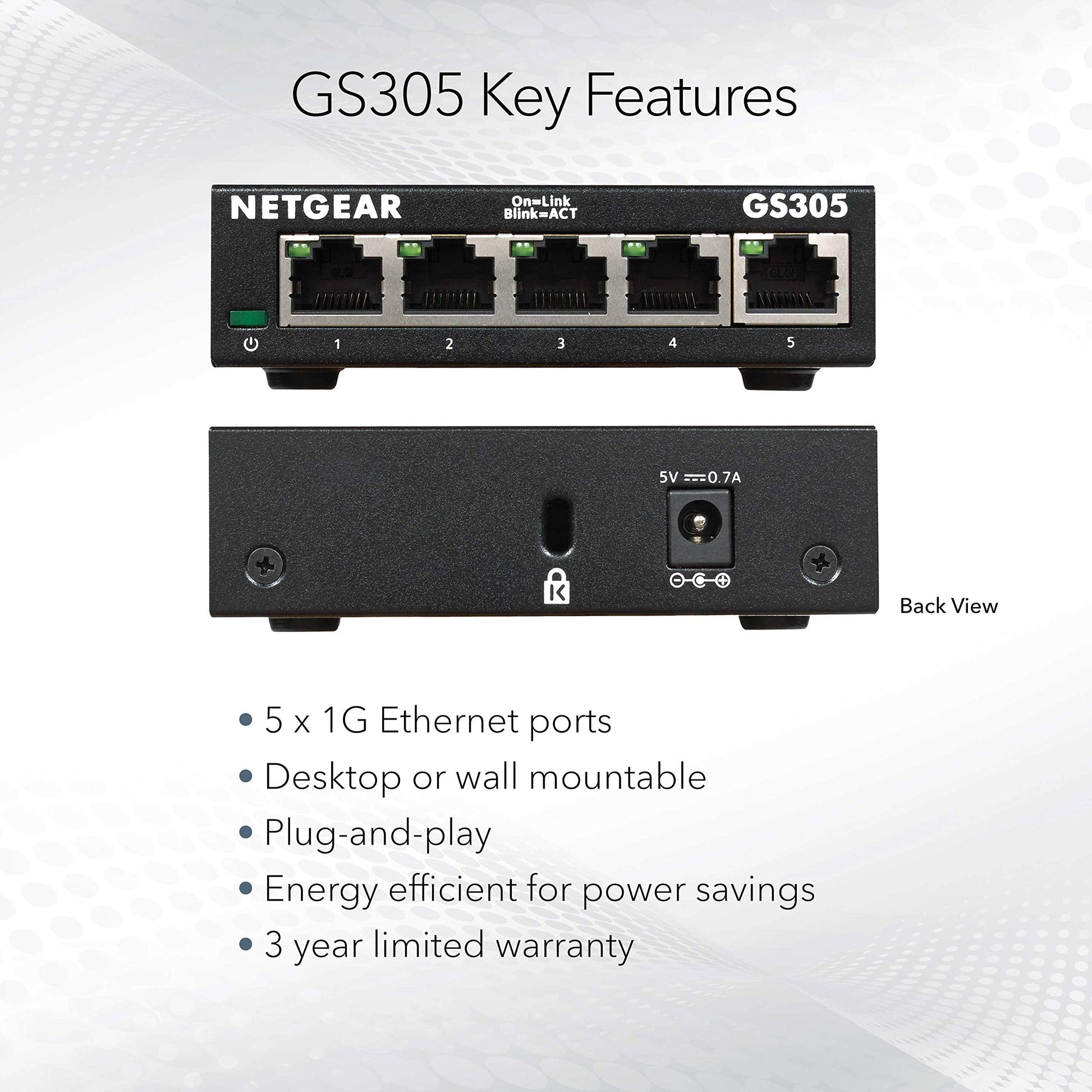 NETGEAR - Switch Gigabit Ethernet no gestionado de 5 puertos (GS305) - Hub de red doméstico, divisor Ethernet de oficina, plug-and-play, funcionamiento silencioso, montaje de escritorio o pared