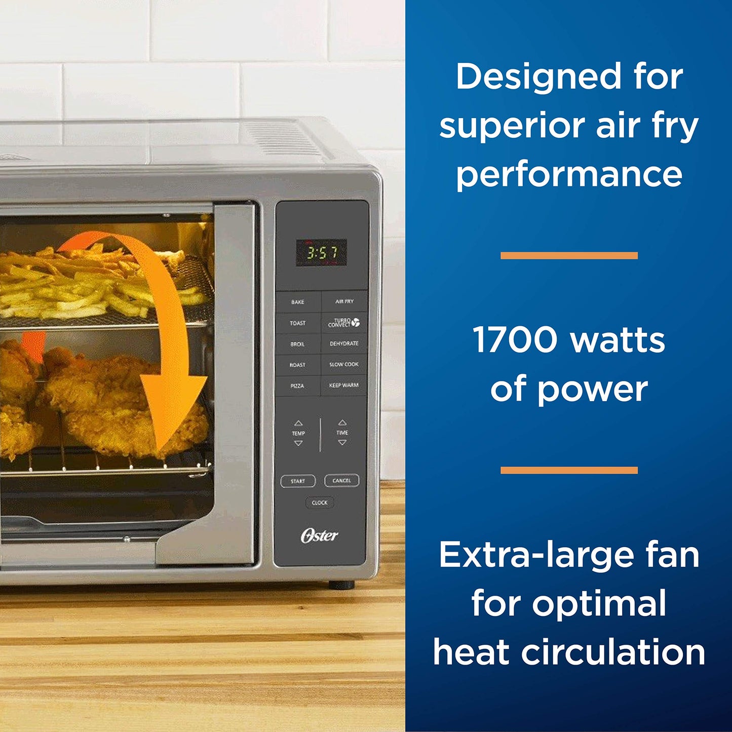 Oster Air Freidora Horno 10 en 1 tostador de encimera lo suficientemente grande para 2 pizzas puertas francesas de acero inoxidable, tamaño XL