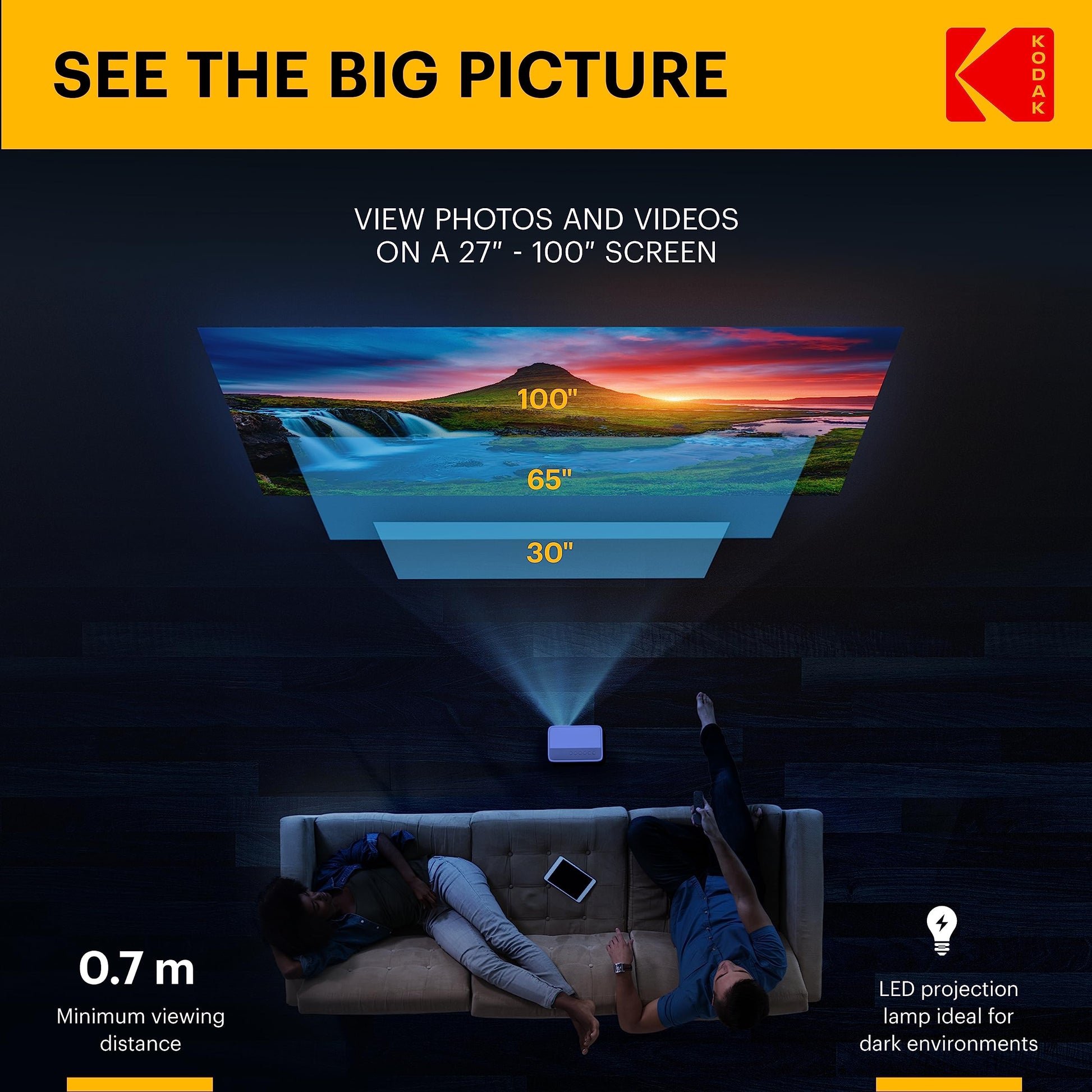 KODAK FLIK X1 Mini proyector Pico | Proyector portátil compacto de 100 pulgadas con control remoto y altavoces de 2 W reproduce películas, programas de televisión y juegos, compatible con HDMI, USB, AV, smartphone, Firestick, color blanco