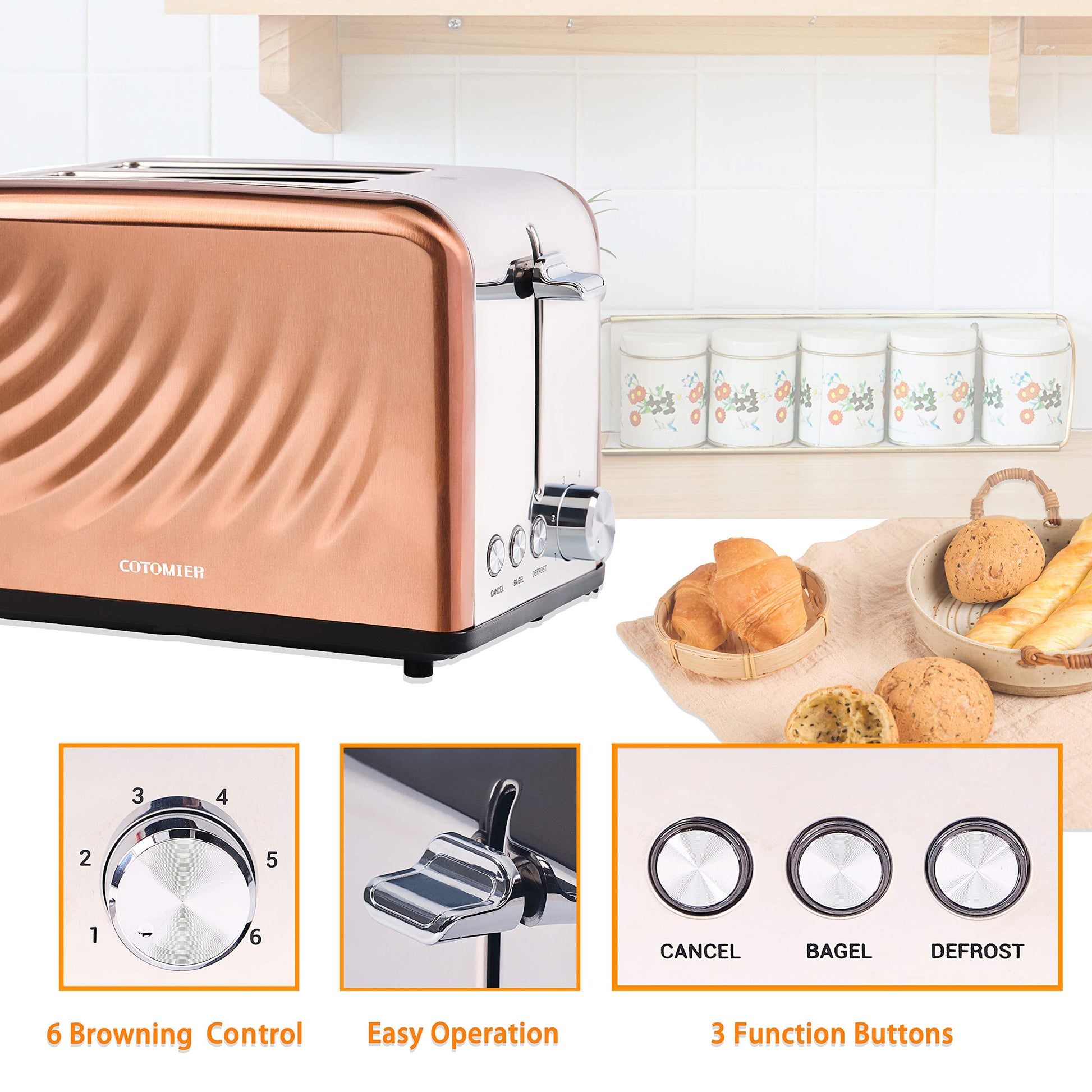 tostador Cotomier de 2 rebanadas, tostador retro de acero inoxidable color blanco crema con función de cancelación de bagel de descongelación y 6 ajustes de sombra (oro rosa)