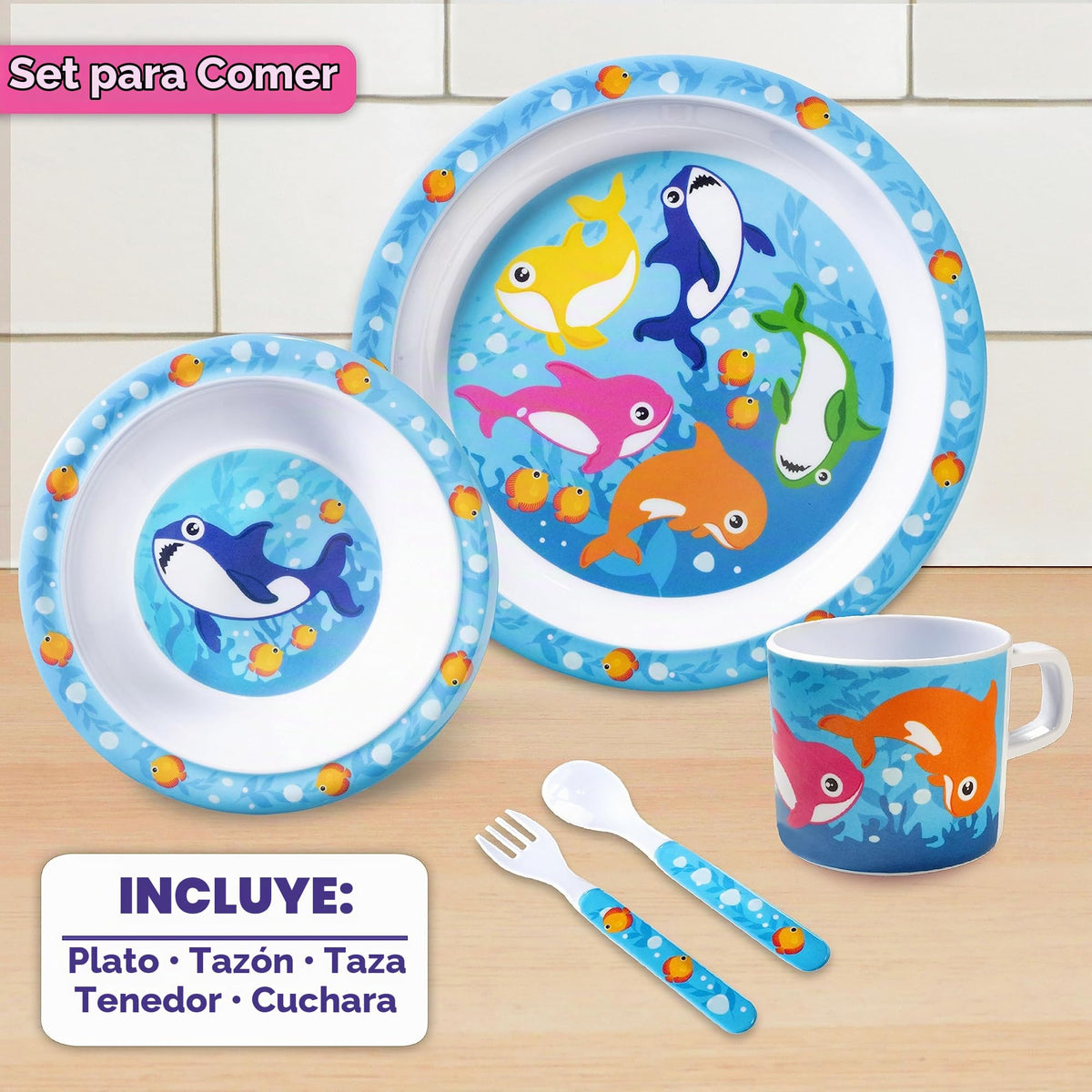 Bentology - Juego de 5 unidades para la hora de comer para niños, con temática de tiburón, incluye plato y tazón de borde elevado, taza, tenedor y cuchara, apto para lavaplatos, sin BPA, lindo plato
