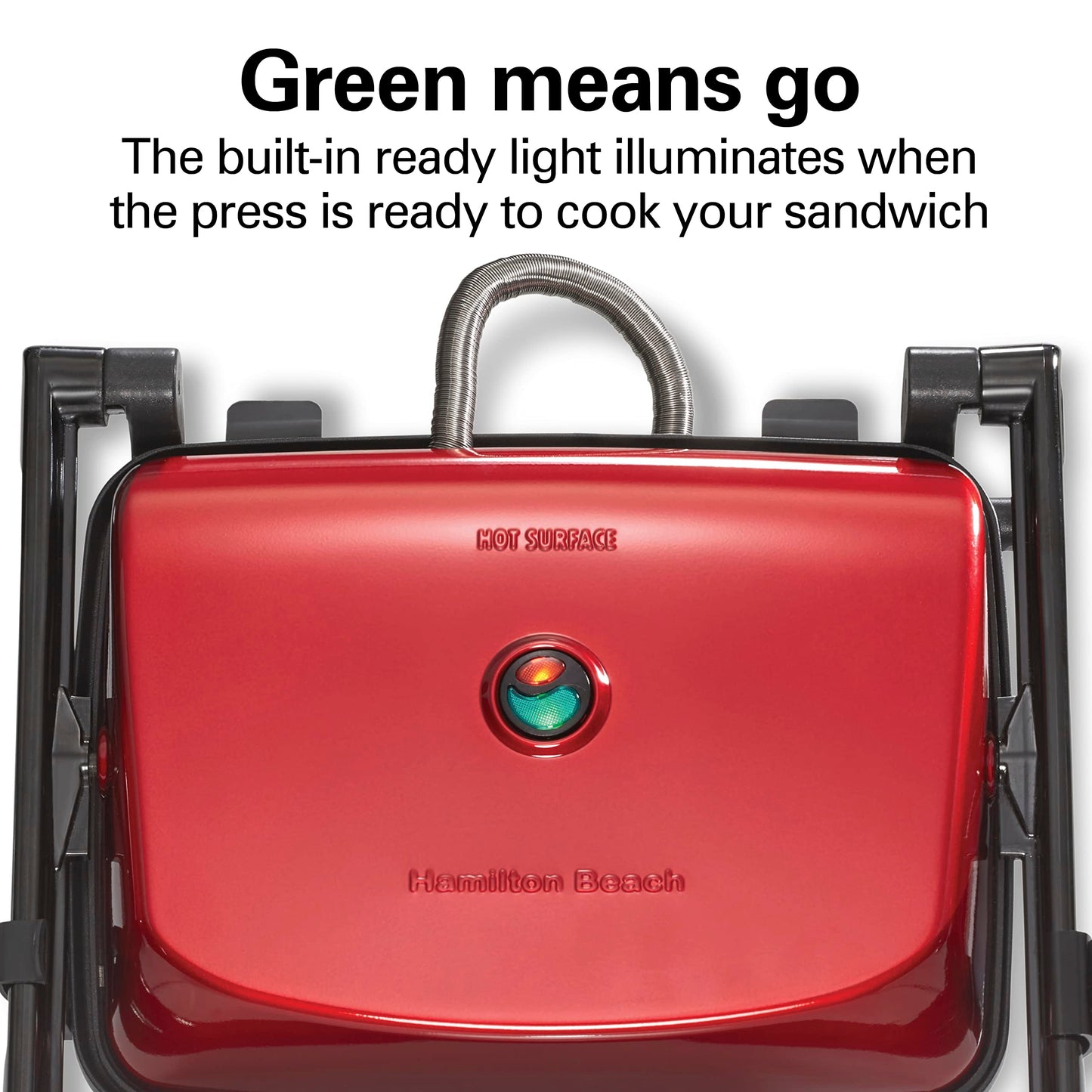 Hamilton Beach Sandwichera, Prensa para Panini, para Cualquier Espesor de Sándwich, Parrillas Antiadherentes de 25.4 x 20.32 Centímetros, Roja (25462Z)