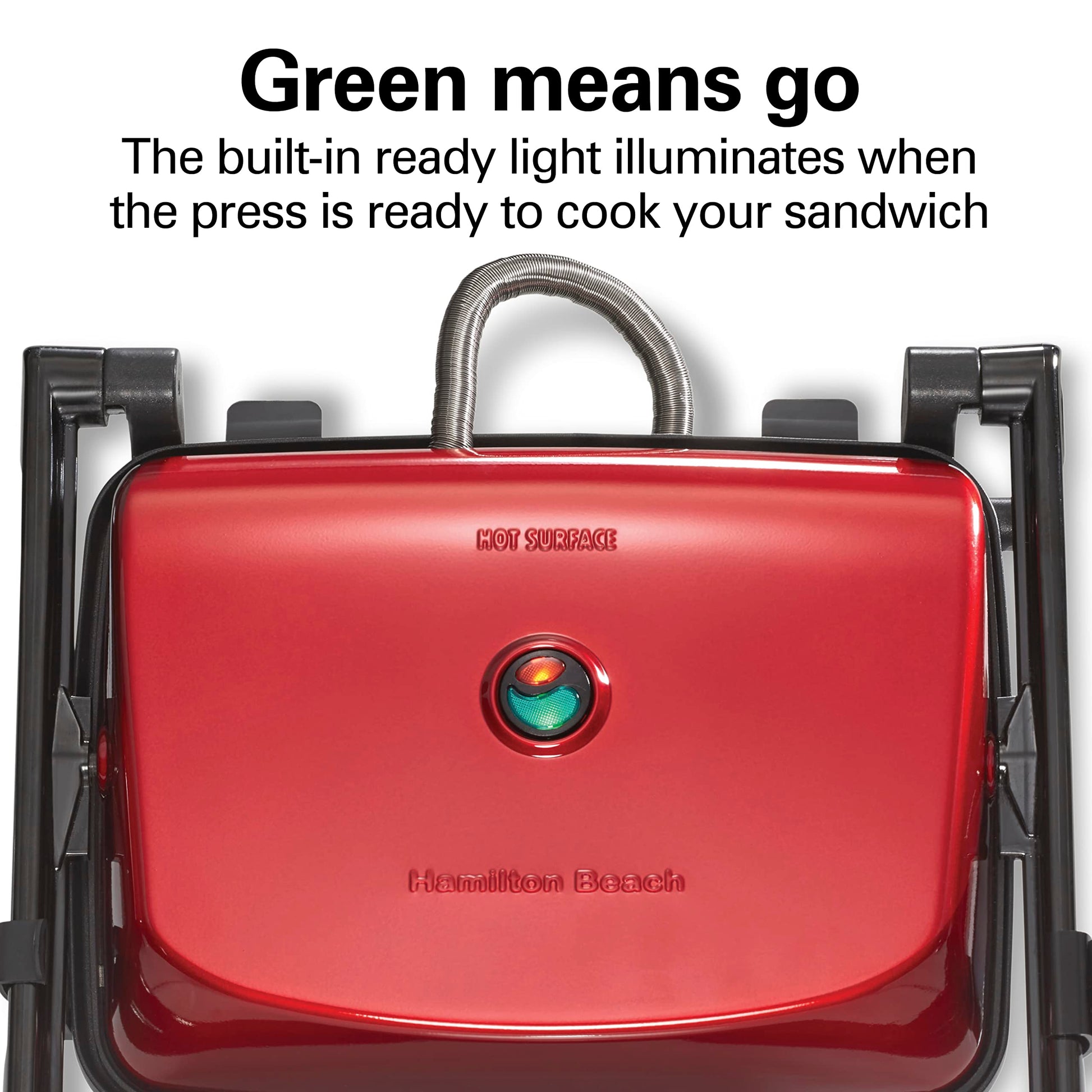 Hamilton Beach Sandwichera, Prensa para Panini, para Cualquier Espesor de Sándwich, Parrillas Antiadherentes de 25.4 x 20.32 Centímetros, Roja (25462Z)