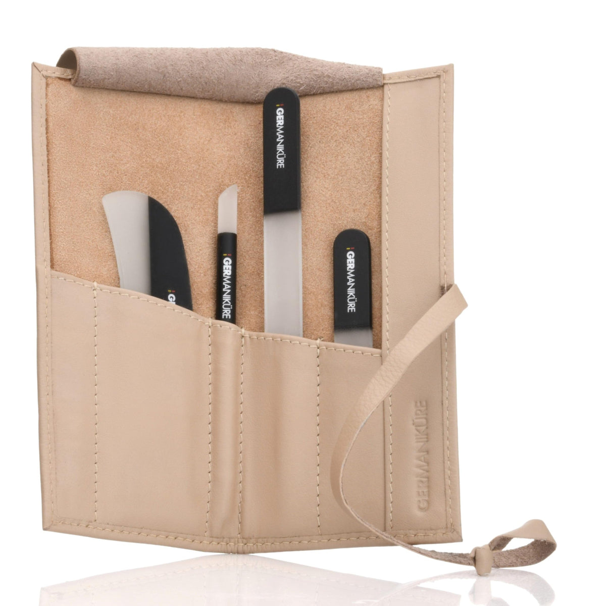 GERmanikure Set de Limas de Uñas de Cristal Negro en Estuche de Piel Beige – Hecho A Mano en La República Checa – Artículos Profesionales para Manicura Y Pedicura – Incluye Palito de Cutículas, Empuja
