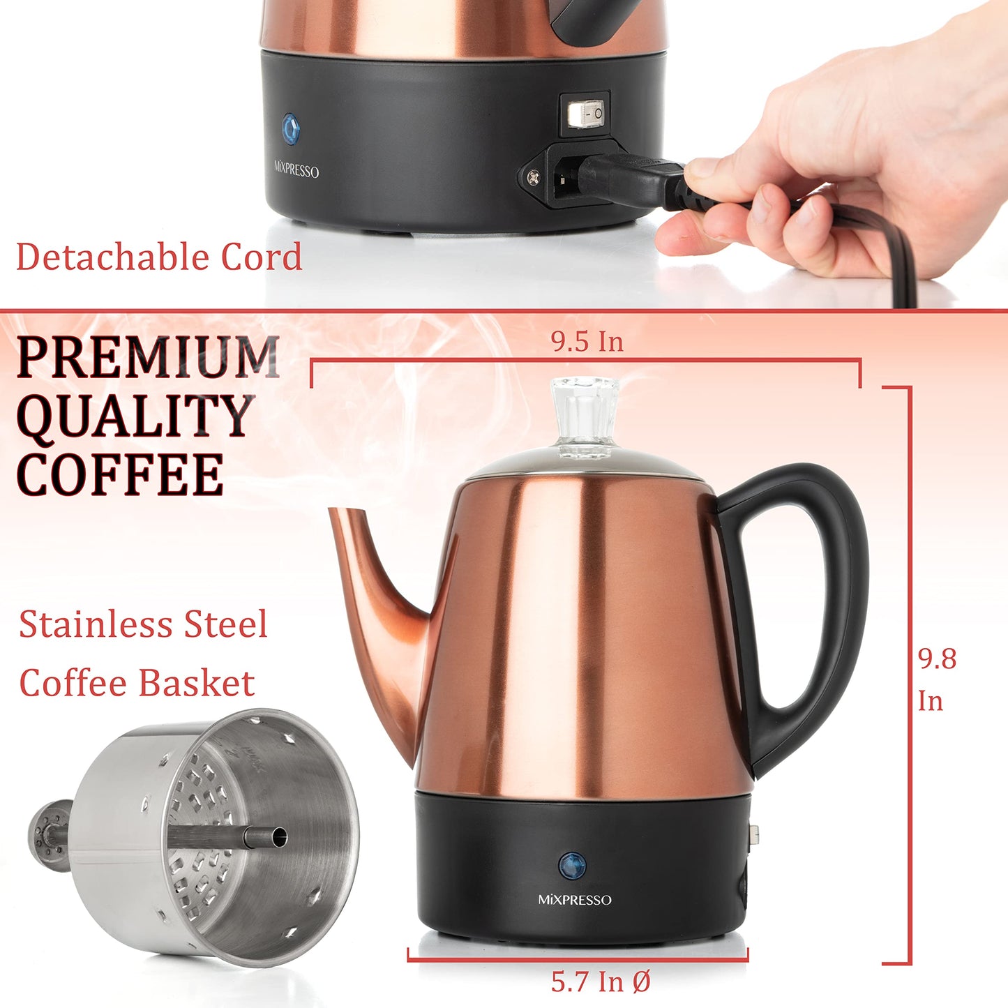 Percolador de Café Eléctrico Mixpresso Cobre para Camping 4 Tazas