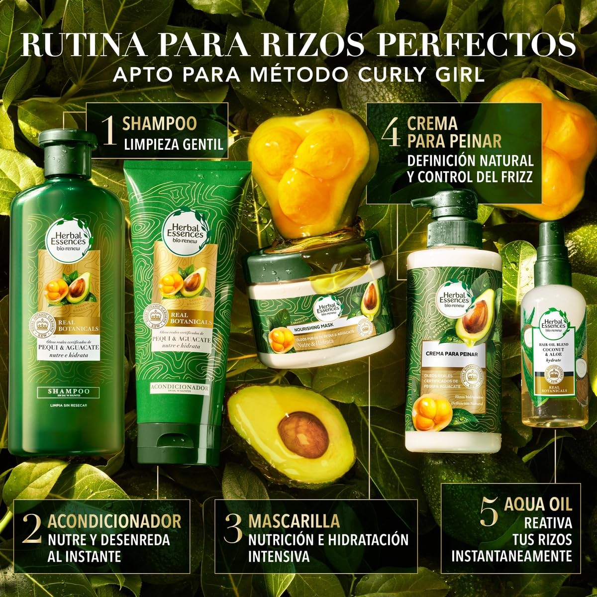 HERBAL ESSENCES Bio:Renew, Crema para peinar rizos y cabello ondulado Nutre e Hidrata Pequi & Aguacate 300 ml