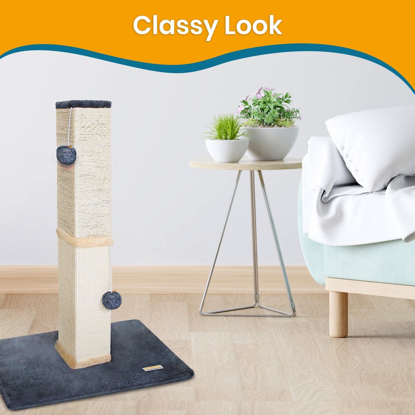 Torre Rascador para Gatos PAWBEE Beige de 32 Pulgadas con Campanas y Bolas de Felpa