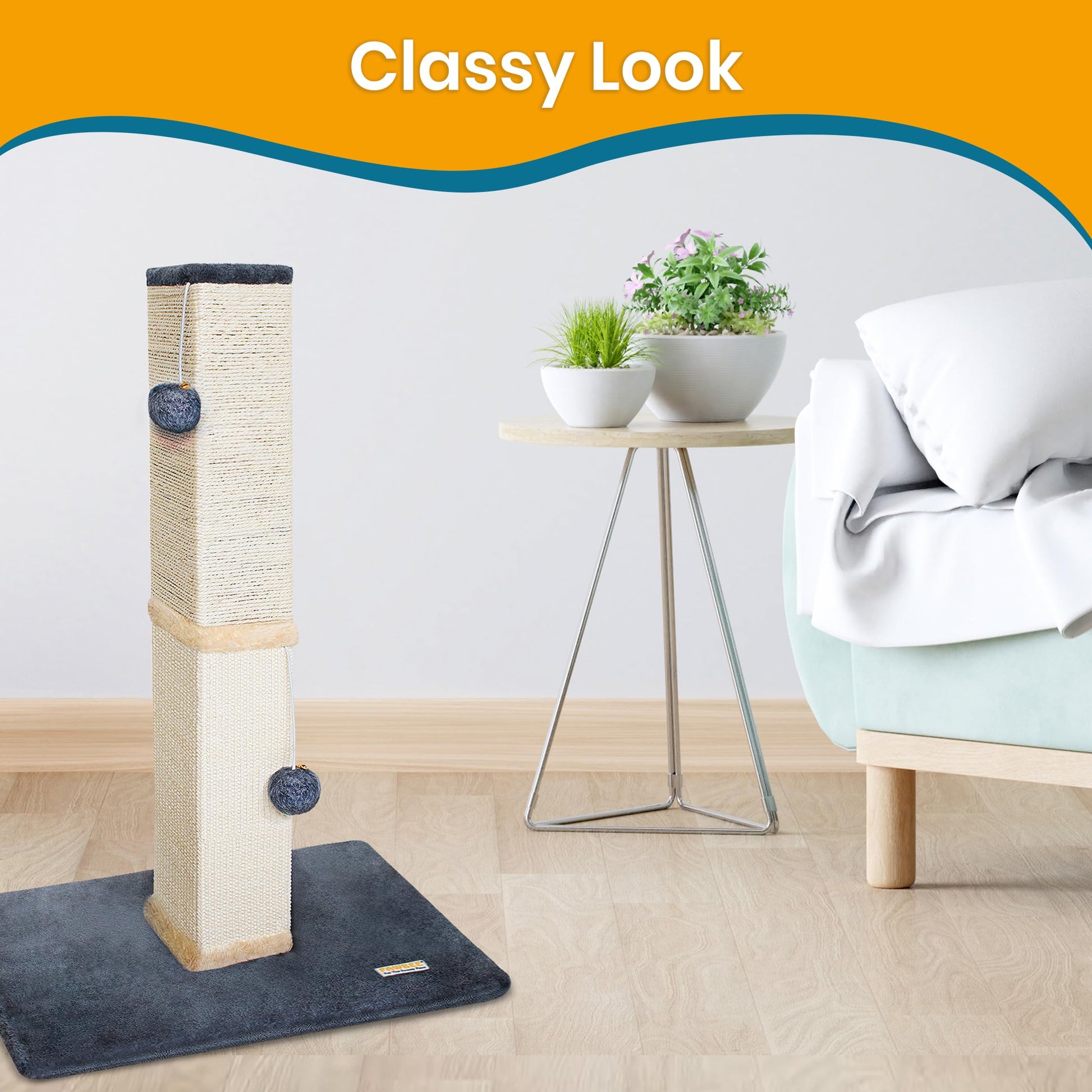 Torre Rascador para Gatos PAWBEE Beige de 32 Pulgadas con Campanas y Bolas de Felpa