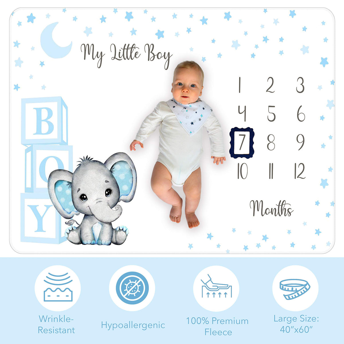 Baby Monthly Milestone Blanket Boy - Premium Extra Soft Fleece Blanket for Baby Shower - Newborn Month Milestone Blanket for Baby Boy Nursery Decor - Capture Baby Growth - with Baby Bib + 2 Frames