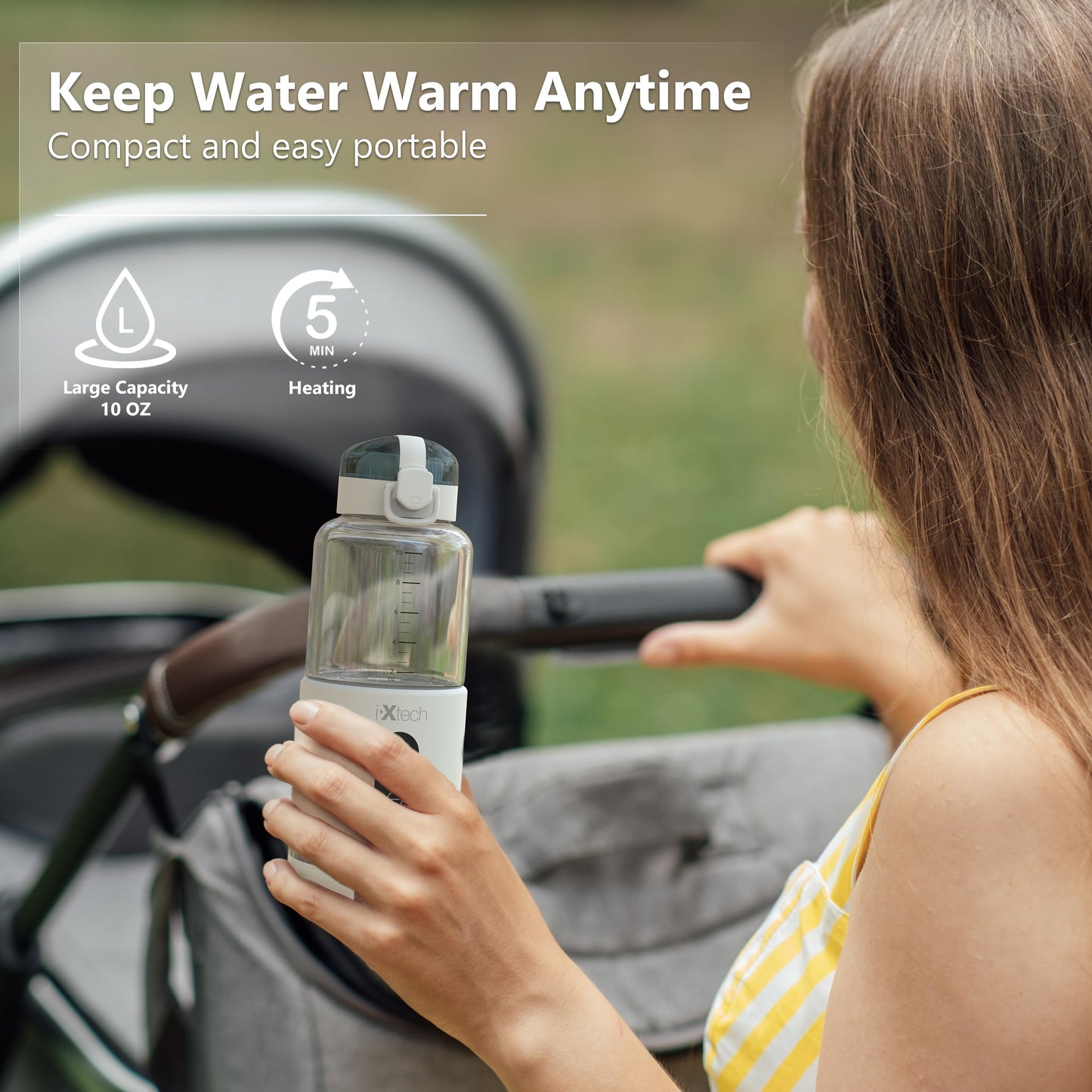 IXTECH Calentador de agua portátil para viajes, leche materna instantánea, calentador de botella portátil de agua con control de temperatura, recargable, inalámbrico