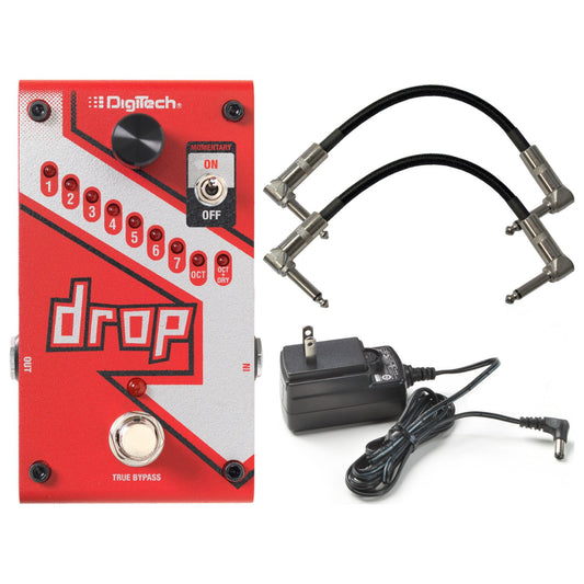 Digitech DROP Pedal de cambio de paso polifónico compacto con conmutación de pestillo momentáneo y derivación real con fuente de alimentación electrónica y cable de pedal de conexión