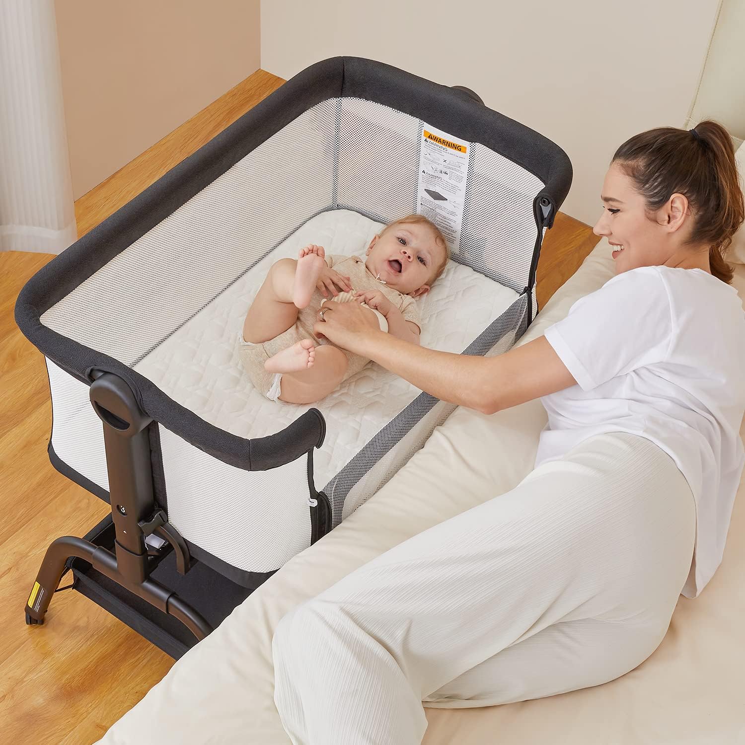 BabyBond - Cuna de noche, colchón y sábana, malla de 4 lados, color negro