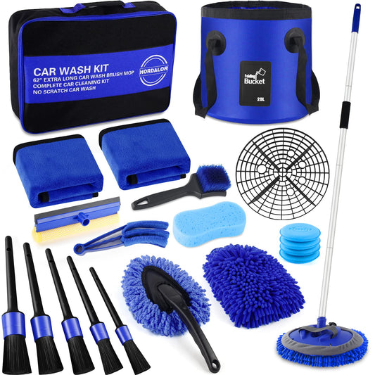 HORDALOR - Juego de 21 piezas de lavado de coche, 62 pulgadas con mango largo, kit de limpieza de automóviles, juego de cepillos para detalles de automóviles, cubeta de lavado de automóviles con