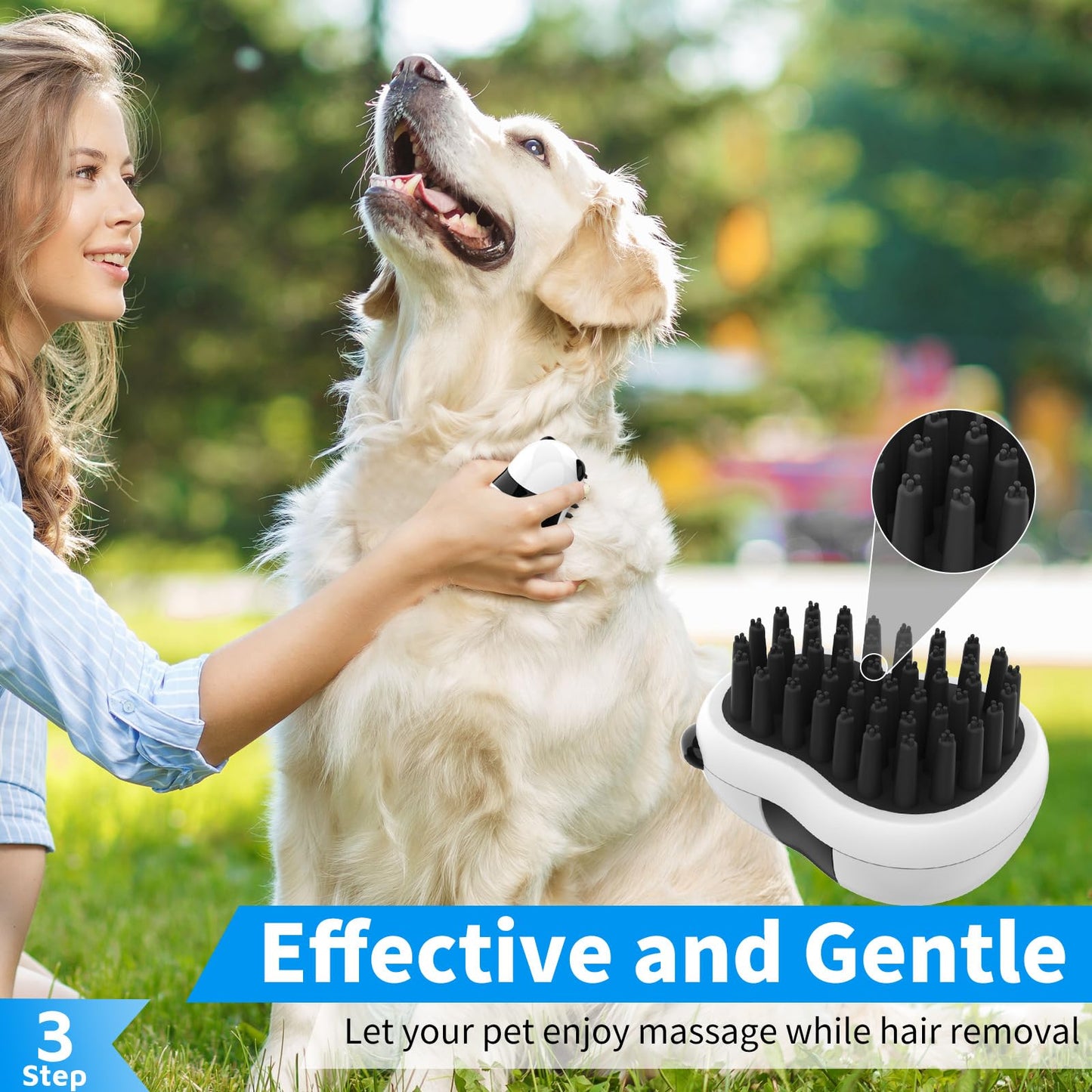 Comotech - 3 cepillos de baño para perros, cepillo para polvo de champú para perros, limpiador para perros, aseo y lavado con mango de anillo ajustable para perros y gatos de pelo corto y largo (azul