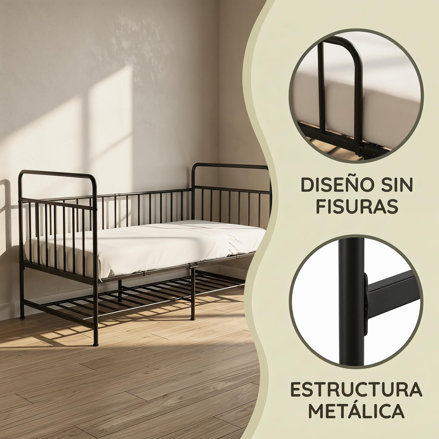 Uzelia Cuna Convertible para Bebé 4 en 1, Cuna para Bebé de Metal con Barandales de Seguridad, Cama Infantil, Daybed y Sofá para Niños, Estructura Resistente con Almacenamiento Inferior, Negro