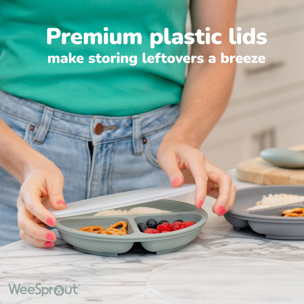 Tion Plates with Lids for Babies & Toddlers - 100% Silicone, Dinnerware Stays Put, Divided Design for Picky Eaters, Microwave & Dishwasher Friendly, 3 Pack