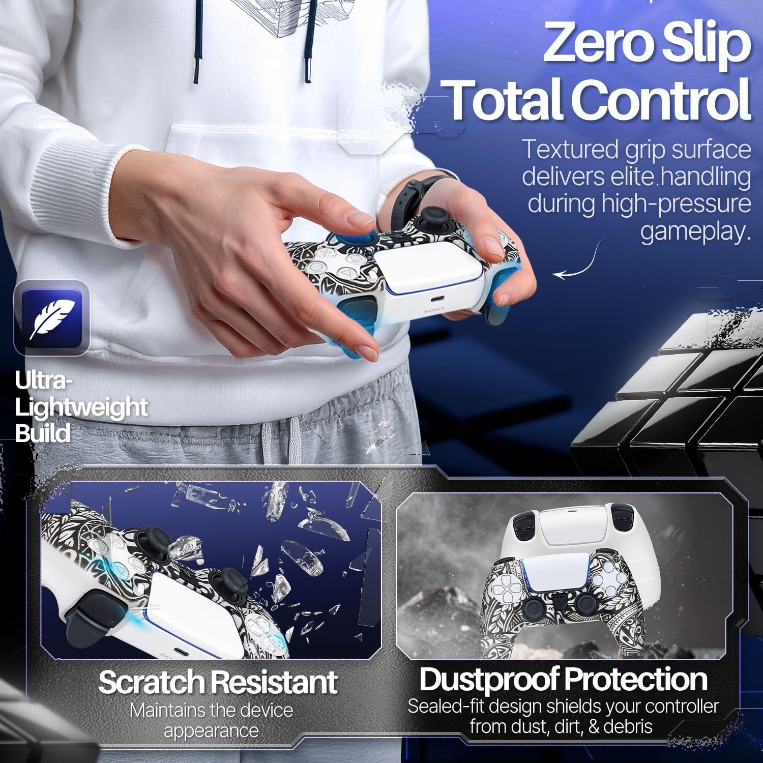 Funda de Silicona TNP PS5 Negro con 8 Empuñaduras Tribales Ergonomía para PlayStation 5