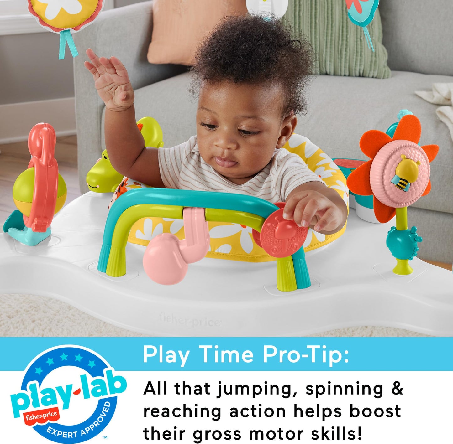 Fisher-Price Baby Bouncer Centro de actividades Blooming Fun Jumperoo con luces musicales y juguetes de desarrollo para bebés