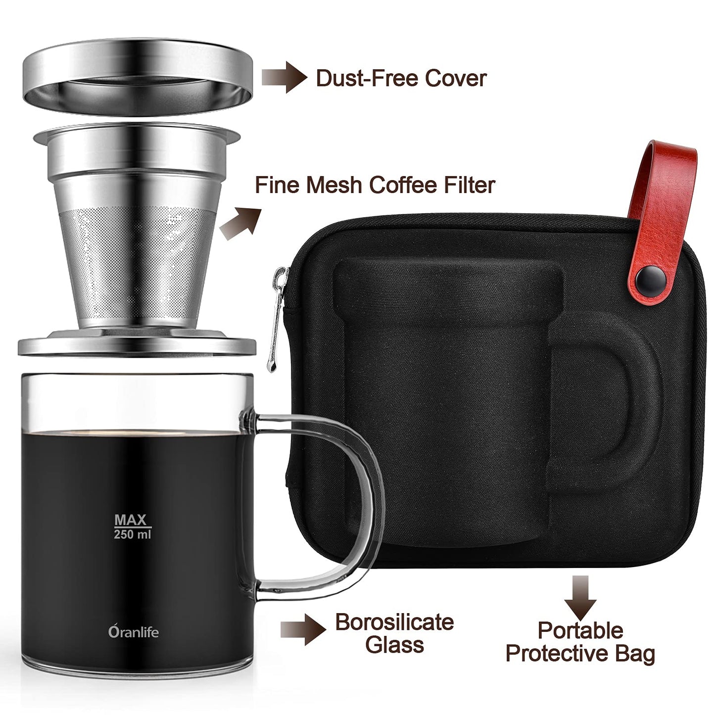 Juego de Cafetera Oranlife de Vidrio Borosilicato 14oz para Viajar y Acampar