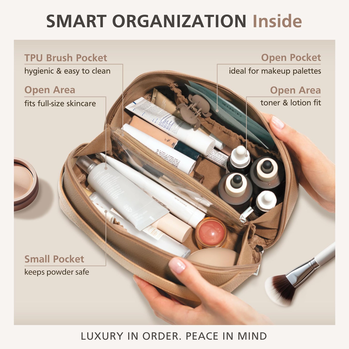 MELINE - Bolsa de maquillaje de viaje - Organizador de cosméticos y artículos de cambiador de gran capacidad con divisor y asa, diseño plano impermeable, bolsa portátil para mujer, gris topo, Bolsa de