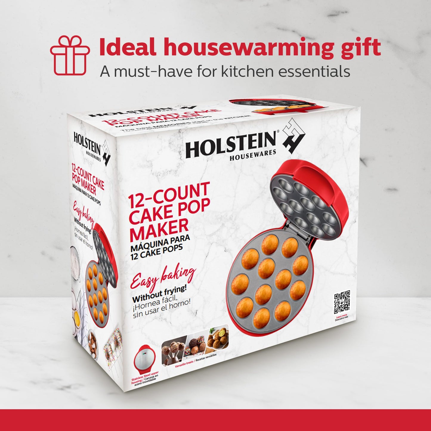 Holstein Housewares Cake Pop Maker, color rojo, hace 12 tartas, revestimiento antiadherente, perfecto para cumpleaños y fiestas de día festivo