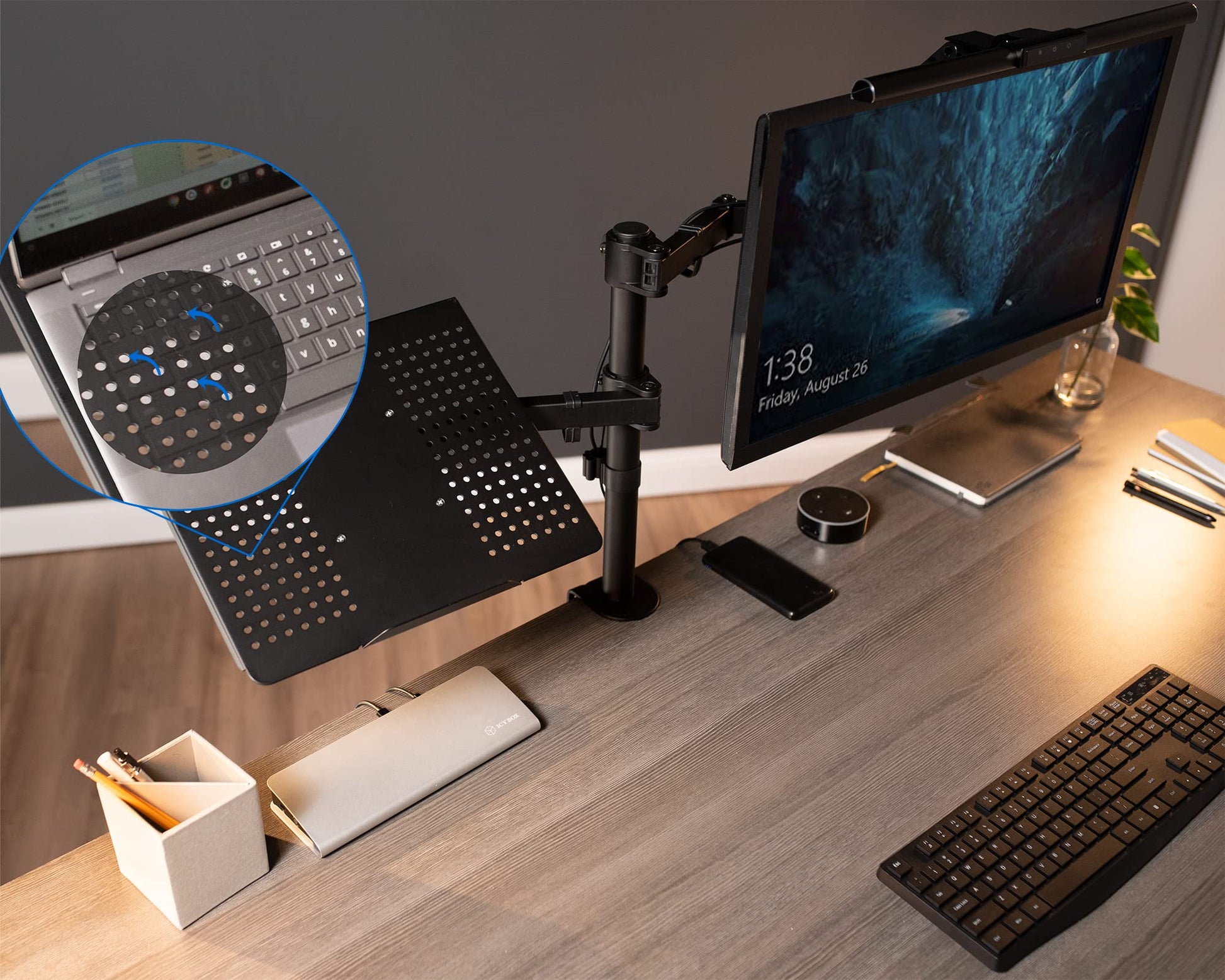 Soporte Ajustable VIVO Negro para Monitor Individual de 13 a 32 Pulgadas y Portátil con Opciones de Ojales