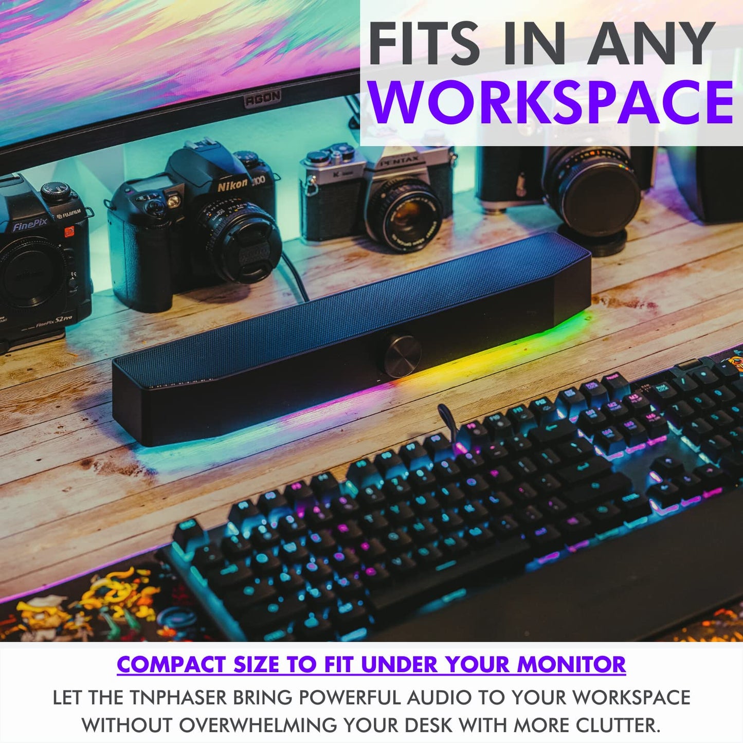 Barra de sonido para juegos Tilted Nation TNPHASER - Altavoces de computadora RGB para PC - Inalámbrico o USB - Audio nítido y LED ajustable