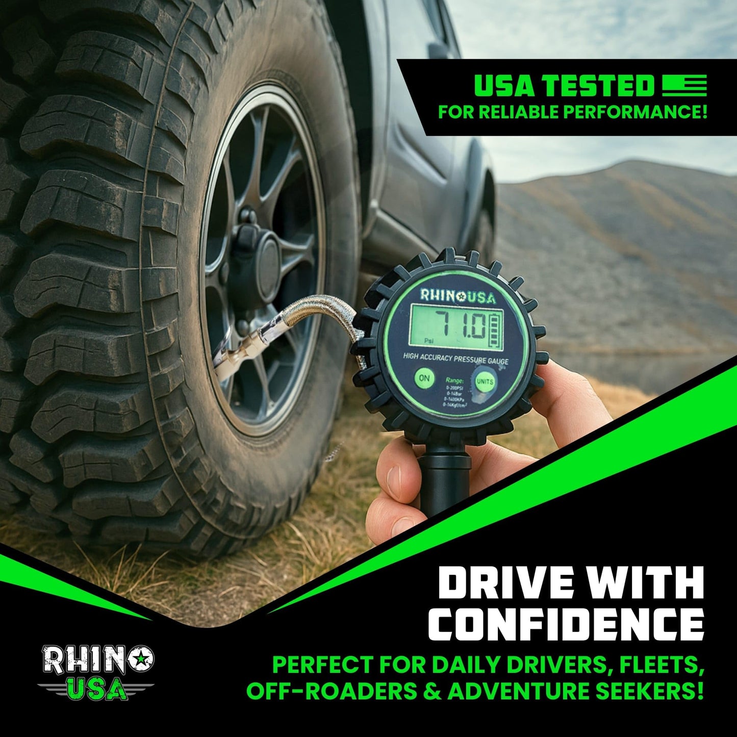 Medidor de Presión de Llantas Rhino USA Negro con Inflador y Boquilla Reforzada para Camioneta y Casas Rodantes