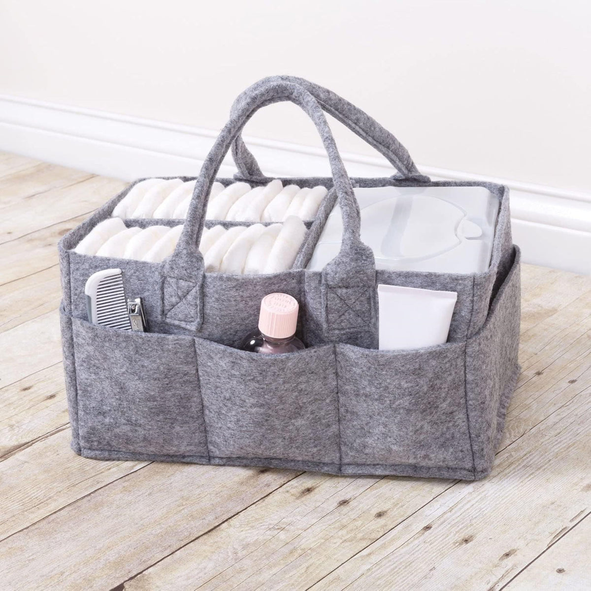 Sammy & Lou - Organizador plegable de fieltro gris claro, diseño dividido para mantener organizados pañales, toallitas y artículos cambiantes, dos asas, 12 x 6 x 8 pulgadas